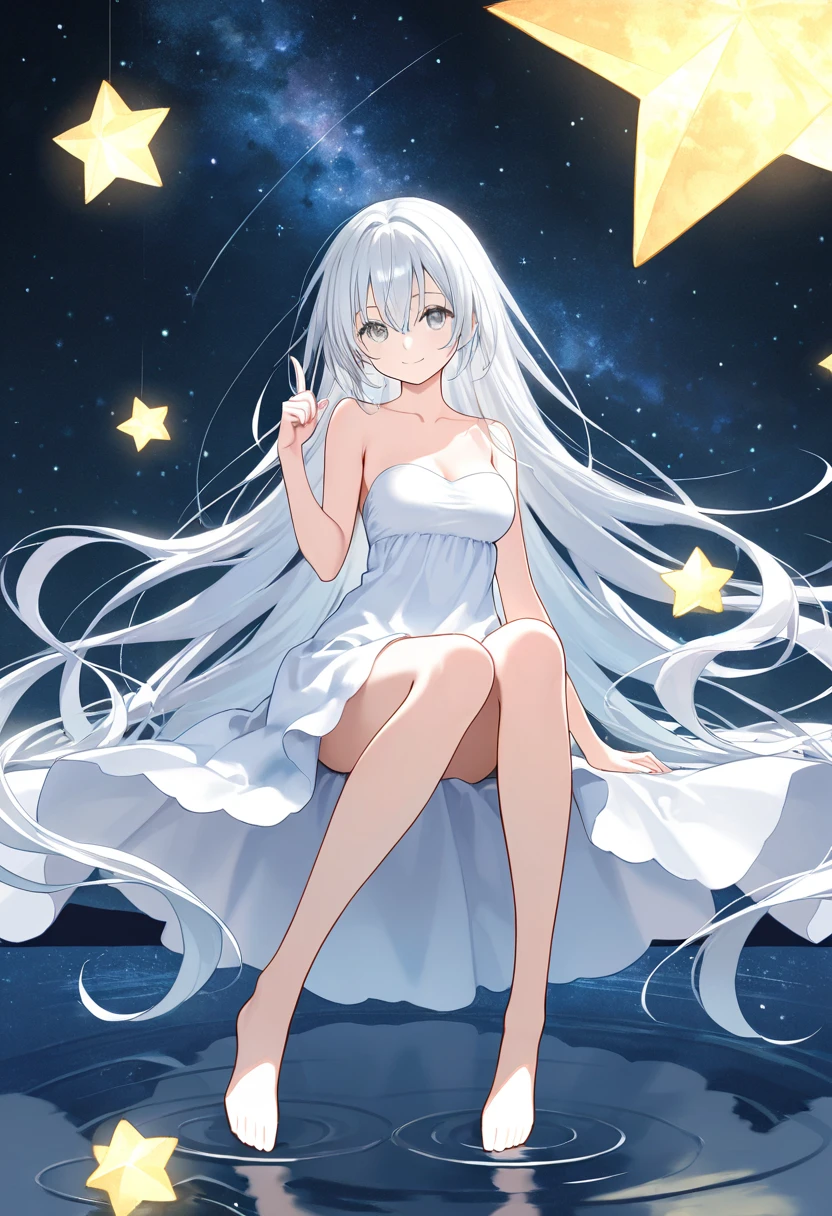 1girl, solo, long hair, breasts, dress, hair between eyes, bare shoulders, sitting, very long hair, full body, white hair, barefoot, hand up, star \(symbol\), white dress, grey eyes, bare arms, strapless, floating hair, strapless dress, floating