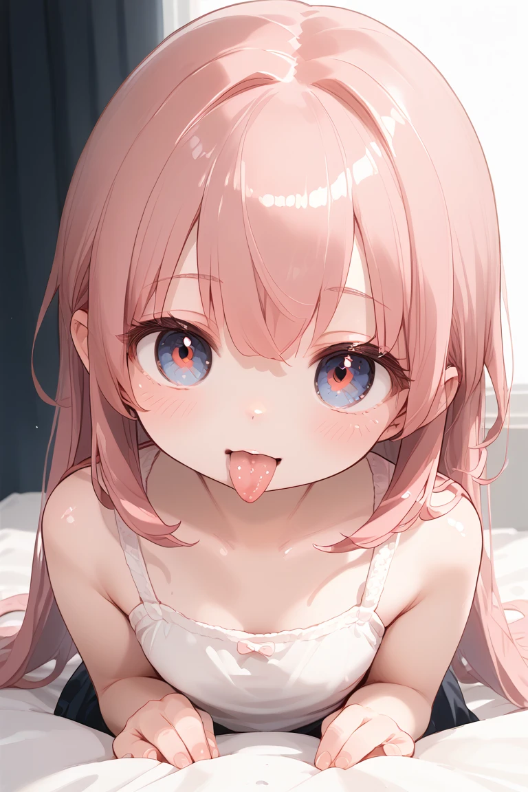 Masterpiece、8K、Clearly defines the overall facial contours,Depict the whole body,,Pink hair、Sweat、Oily skin、Twin tails、Fine skin、Looking up、blush、Stretching out the tongue、Open your mouth wide、Hotel、bed、Sex、lie down