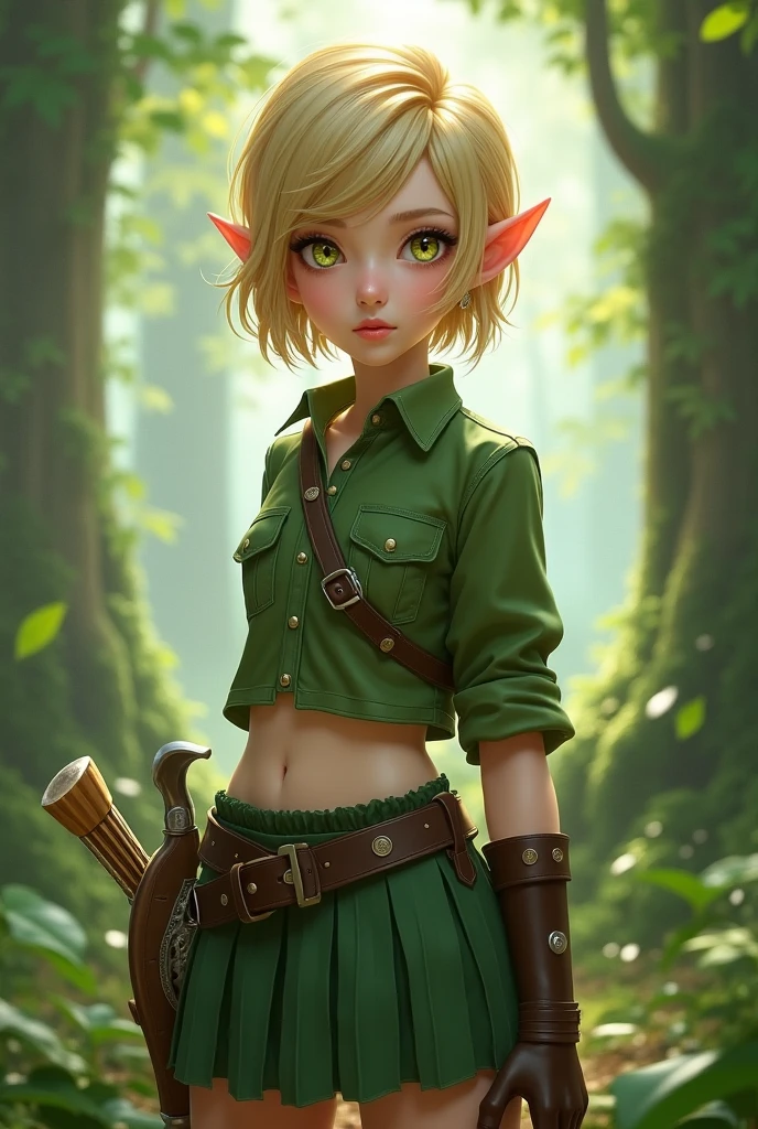 (best quality,4k,8k,highres,masterpiece:1.2),ultra-detailed, female gnome, short blond hair, blue eyes, light blue scarf with white stripes, khaki cargo shorts, green vest, wielding an orbstaff, RPGGnome, short girl, girl, piperperri, HDR, 8k, absurdres, cinestill 800, sharp focus, add_detail:2, (solo, woman)