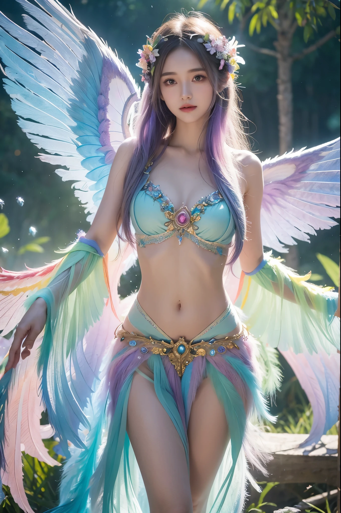 1girl, 23 years old, standing regal with open hands, symmetrical and fractal, multi-color pastel long hair, colorful (1.2), lies in a bird's nest and hatches (1.2), perfect face, sexy linagerie, oil smooth skin,  kinky and sexy smile, looking at the viewer, fairy wings, Big fairy wings, multi color pastel feather wings, fairy vibe , background of mystic realm and magic, the particles of magic light with multi color , wind forming particles in seamless fractal pattern, warm light, epic scene , HDR+, extreme detailed ,Nikon D850, masterpiece, devianart, photo-real painting