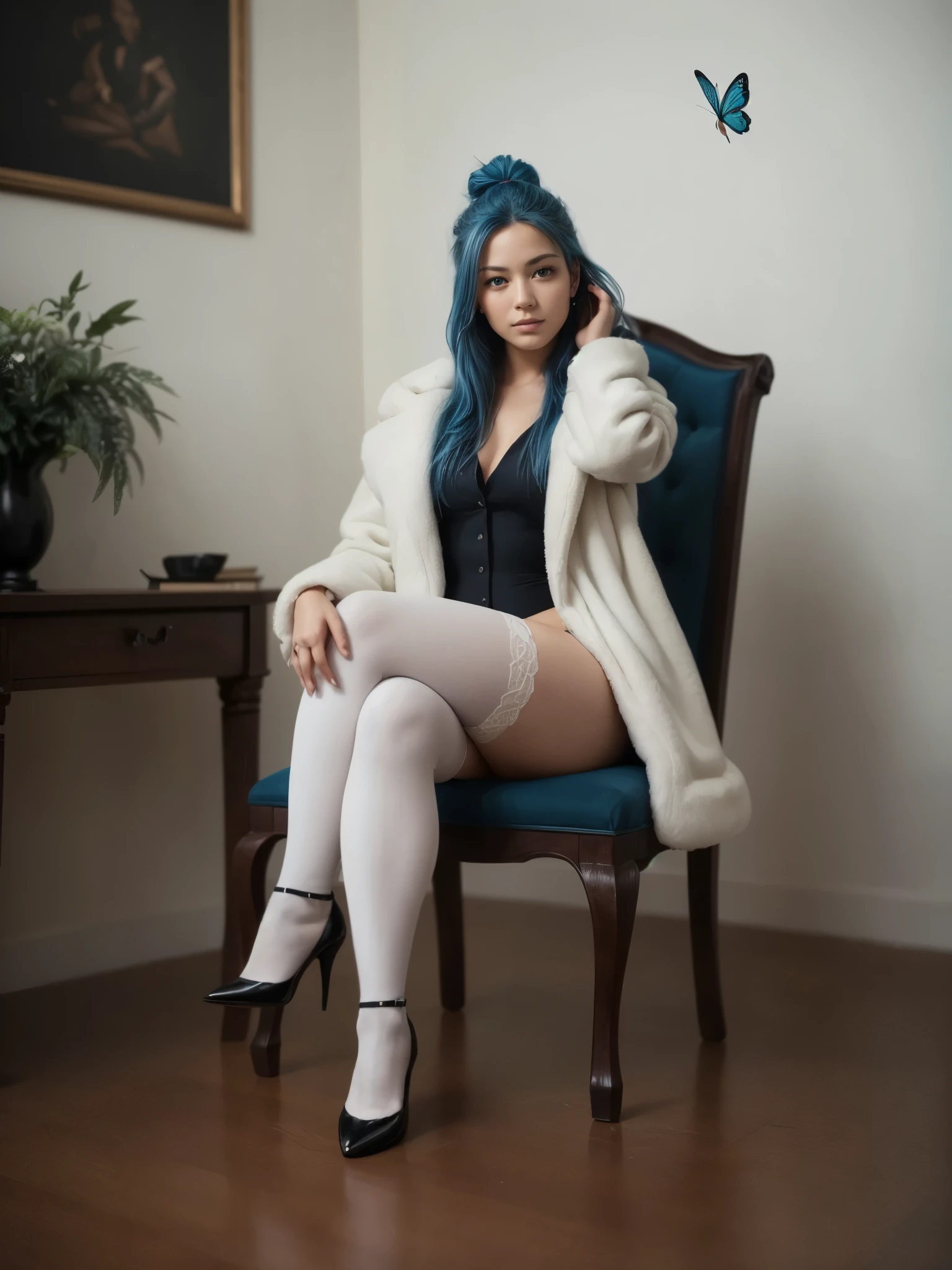 (best_quality, masterpiece:1.2), (highly detailed), (4k, 8k, uhd, high_resolution, highres), girl, sitting, on chair, fur coat, (thick thigh), heel pumps, dark wood fluffy chair, ornate carving, long hair, looking at viewer, surrounded by butterflies, professional studio lighting, masterpiece, best quality, aesthetic, absurdres, highres, shiny skin, blue hair, light blue hair, single-hairbun, holding own hair, white thighhighs,