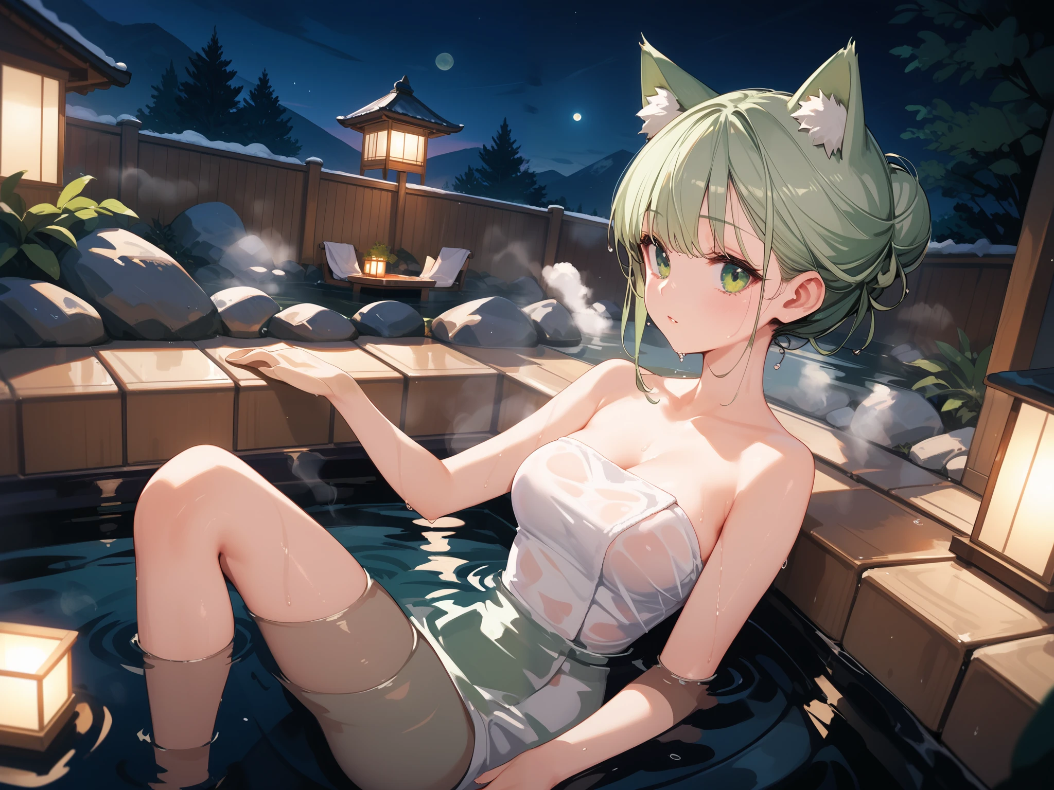 ((masterpiece,best quality)),(1girl,) breasts, swimsuit, solo, looking at viewer, large breasts, on stomach, pool, wet, lying, water, the pose, bikini, bangs, ass, white bikini, outdoors, (blue and red eyes), bare shoulders, bracelet, jewelry, short hair, cleavage, white hair, blush, short hair, partially submerged, tree, cat ears, xenoblade, ((heterochromia)), ((close up)), upper body