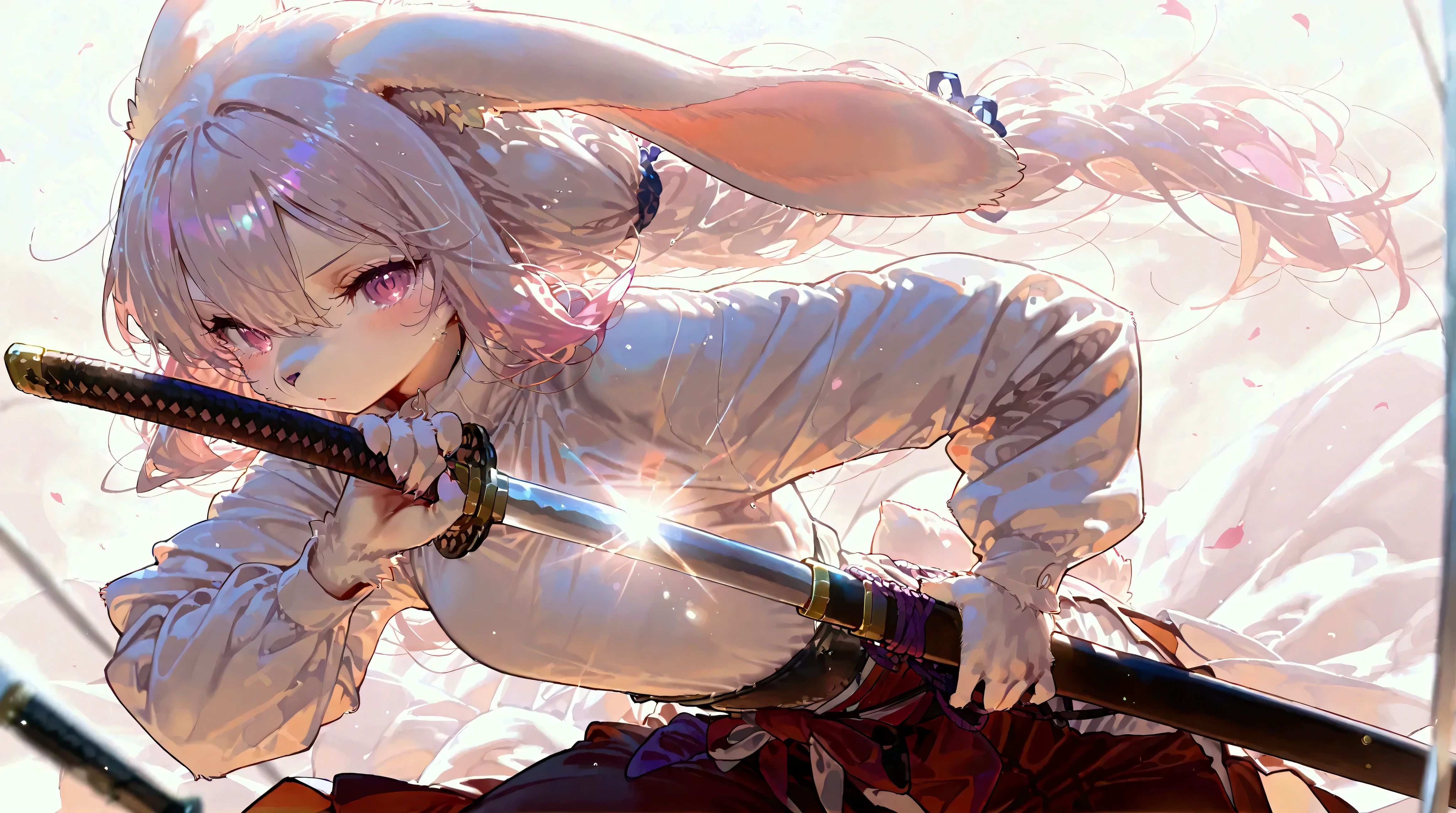 ((Masterpiece)), (( best quality )), ( very detailed), (( very detailed)), 4K, (8k), are so aesthetic, Absurd High Resolution, 1 girl, (Humanoid Rabbit , furry , kemono :1.5), Iaidou,arms, Katana, holding sword, ready to draw, Sheathed , unsheathing, scabbard,