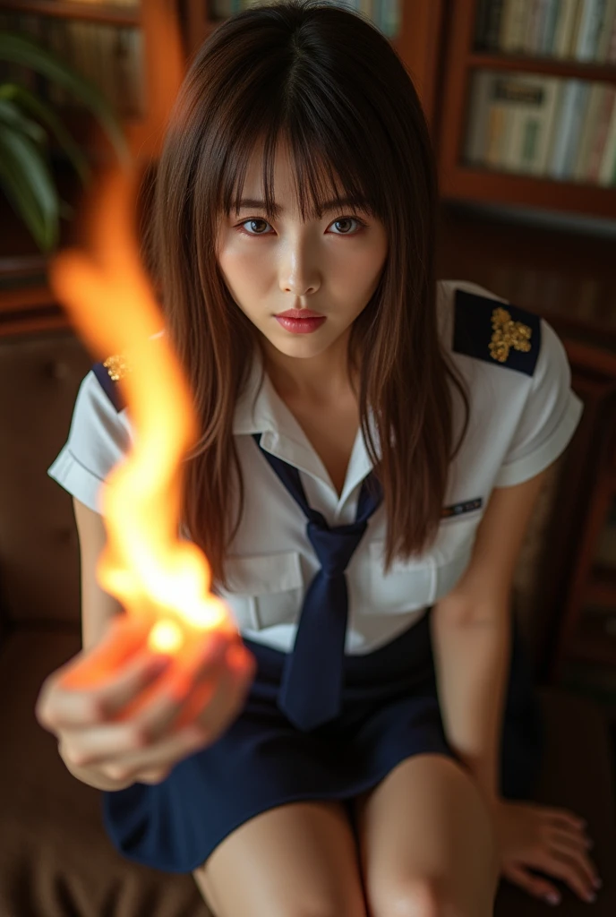Navy lingerie、red fire fighter jacket, Opening legs、Beautie、cute little、buildng on fire on the background、the morning sun、huge tit