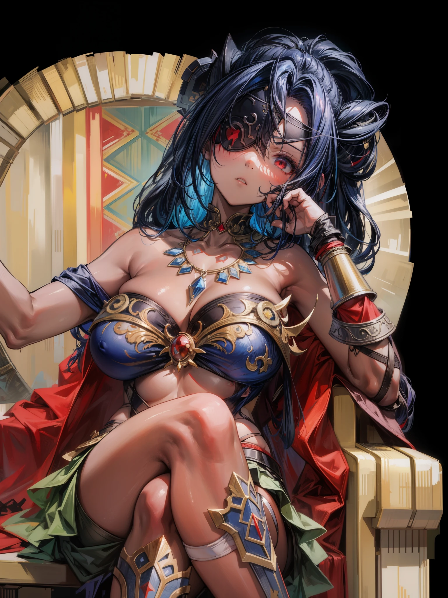 queen panther girl from ancient Egypt, (((panther woman,anthro furry cute,panther female warrior,panther-girl))),(((tail,panther tail,panther ears,thin panther tail,panther ears on head,big panther ears))),(large breasts:1.4,saggy breasts),((black hair:1.4,straight hair,long hair:1.4,colored inner hair)),(((red_eyes:1.3))),intricate eyes,beautiful detailed eyes,symmetrical eyes,((((lustrous skin:1.5,tanned skin,bright skin: 1.5,skin tanned,shiny skin,very shiny skin,shiny body)))),(spider lower abdomen,narrow waist,wide hip,athletic body,inflated legs),(((detailed face))),beautiful detailed lips, slutty,sensual,seductive look,seductive,((erotic)),opulent,(((nsfw))), (((huge cleavage))),revealing clothes,show skin,((underboob)),(barefoot,),Egyptian adornments,(((red veil))),desert warrior with little clothing,((tiny loincloth)),Egyptian tattoo,arms covered in Egyptian adornments,shoulder pad,(((nemes with that of the sphinx))),include hieroglyphics in clothing,((clothing in red and black and white colors)),((Egyptian designs on the arms)),(((Transparent cloth:1.1,wet clothes,intricate outfit,embroidered outfit,ornate outfit,intricate clothes,embroidered clothes,ornate clothes))), dynamic pose,looking at viewer,(smirk,beautiful smile),centered,scale to fit dimensions,Rule of thirds, inside a cavern,pillars,((pillars background,egyptian palace background)),scenery,extremely scenery,(torches,torches in the background),Egypt castle,(sunset, golden hour), (Glossy Egyptian ornaments),(top-quality,8K,32K,​masterpiece),high resolution,(Photorealistic:1.4),Ray tracing,Sun glare,depth of fields,By backlight effect,Add depth to your screen,(((vibrant colors,vibrant theme))),(intricate),(high contrast,photorealistic artwork:1.37),(best quality,4k,highres,masterpiece:1.2),ultra-detailed,(realistic,photorealistic,photo-realistic:1.37),professional,