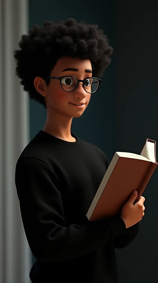 Young man, male gender, wearing black sweatshirt, thin-framed prescription glasses, medium-length black hair, afro, curly, black eyes, black skin, smooth black skin, handsome appearance, slightly muscular body, standing, with a book in his hand, away from the camera, full-body close-up, background is a room with black walls, with lighting highlighting the character, Pixar 3D animation image style