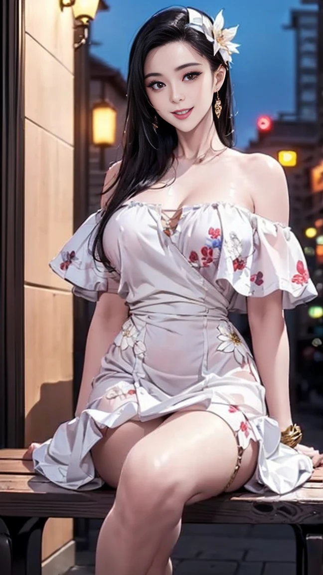 A woman wearing a light blue knee-length floral summer dress, elegant, Flat Heel Shoes, 17 years old, Adult face, Slightly wavy hair, ((Black Hair)) 、bangs、Shine, Bright black eyes, Big Breasts、Toned figure、Soft pink lips, Black Hair、Long Hair, sexy look、smile、Perfect Proportions、The cutest in the world