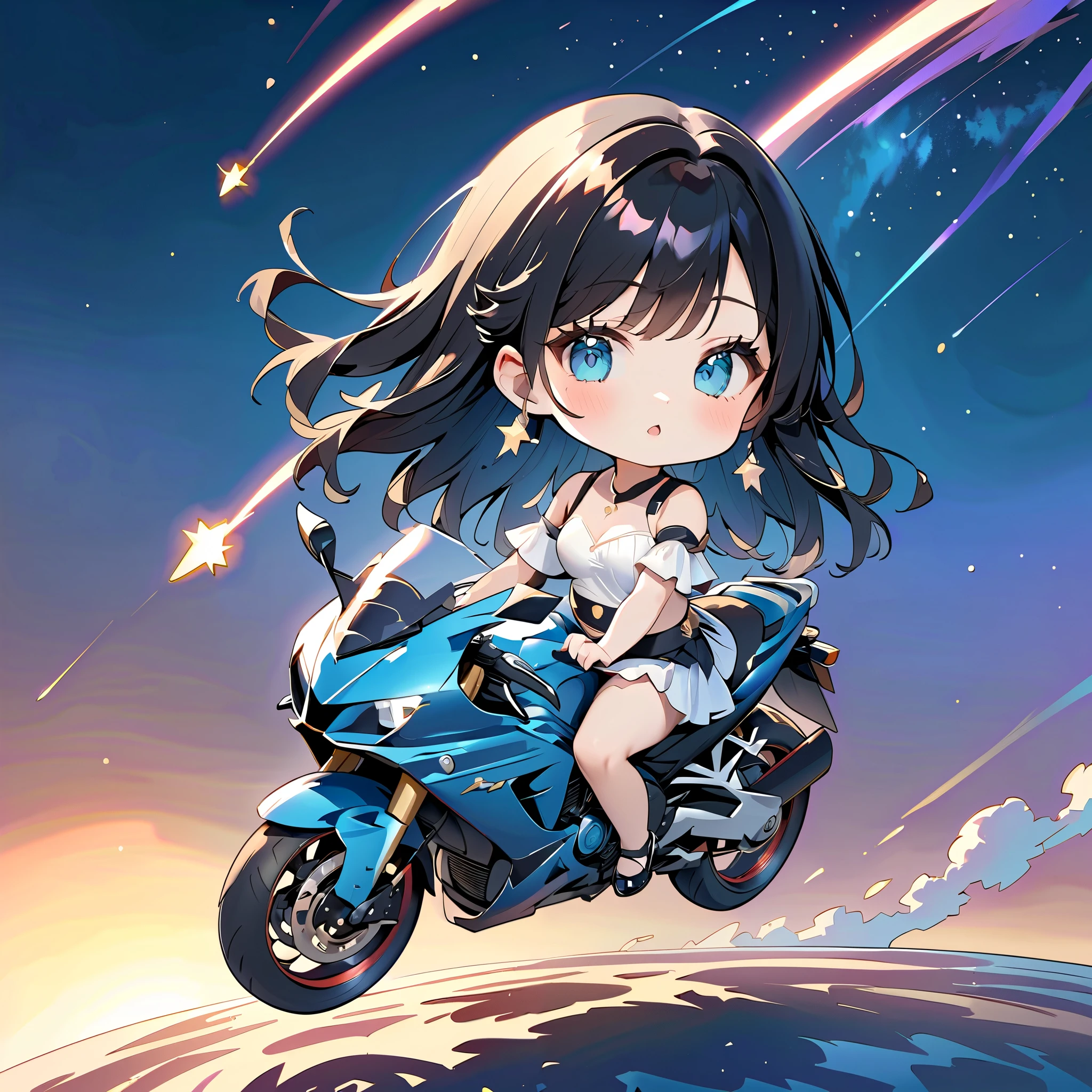 Watercolor style, 1 idol girl , Riding a Shooting Star, chibi, Transform, deform, Light color, Fancy Art. watercolor:1.2, masterpiece.