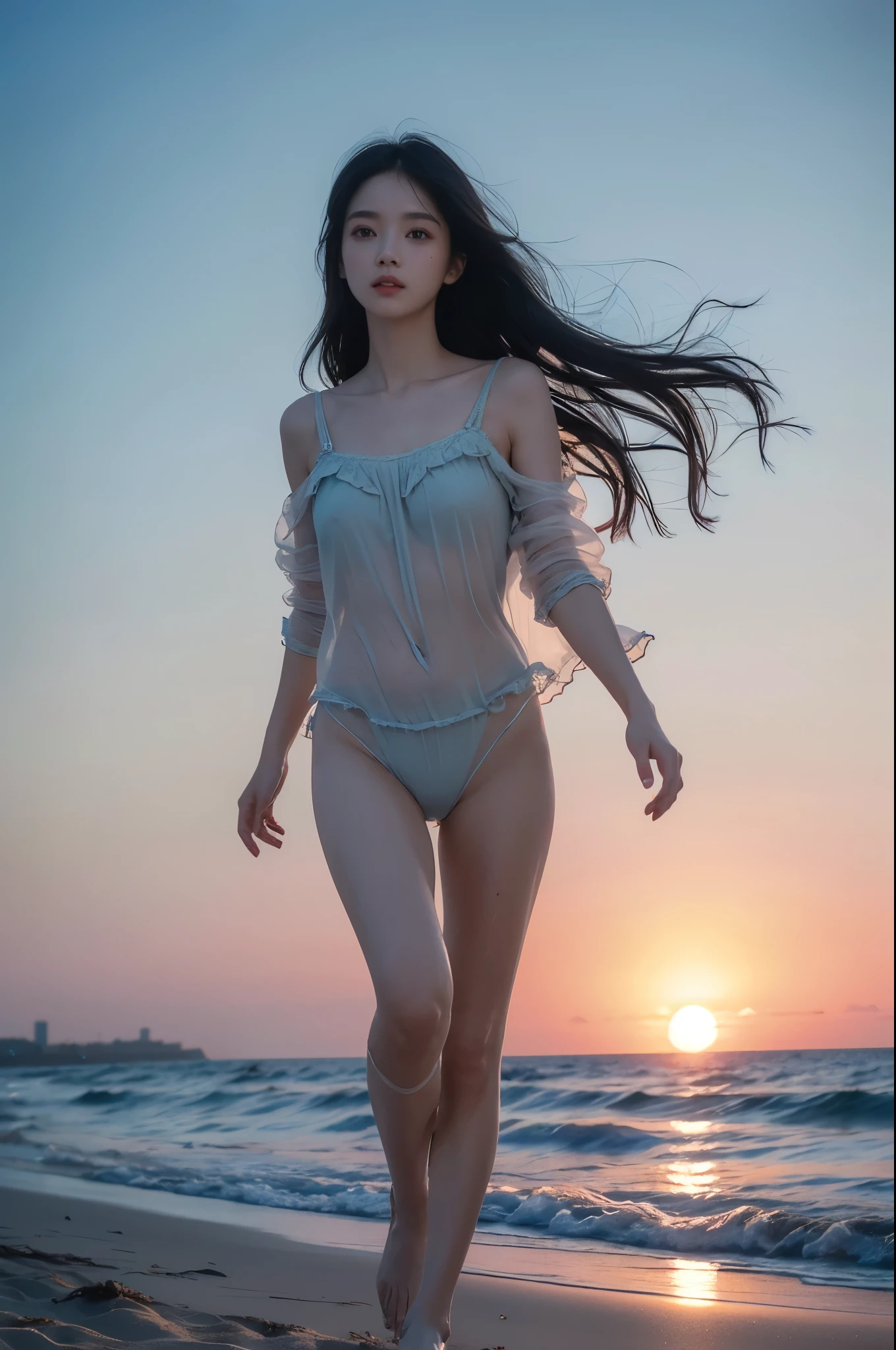 low light dark pastel tones, The is very detailed,laughter,(Clear face),(Beautiful eyes),Look at the audience,great quality, reflecting,(Girl running on the beach, Long black hair flying, gauze pajamaeautiful sunset on the beach, Dark 80s dystopia《bladerunner》styled, dynamic scene, hyper HD, tmasterpiece,