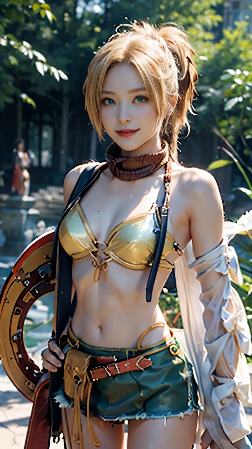Rikku, the vibrant and lively Vygasian heroine from Final Fantasy X-2, is depicted in this stunning image. dynamic pose, with one leg crossed over the other, exuding an aura of strength and determination. A gentle breeze playfully ruffles her short bobbed hair, (blonde hair), adding an element of dynamism to the scene. Rikku's trademark blue and white mini-dress adorned with loops and pockets is visible, as well as her signature bandana around her neck. With a smirk on her lips and her piercing blue eyes focused intently on the viewer, Rikku strikes an utterly captivating pose, ((yellow leather bikini)), (large chest), BREAK, (white sleeve), BREAK, ((dark green mini skirt)), BREAK, (((smile))), (((looking at viewer))), ((cowboy shot))