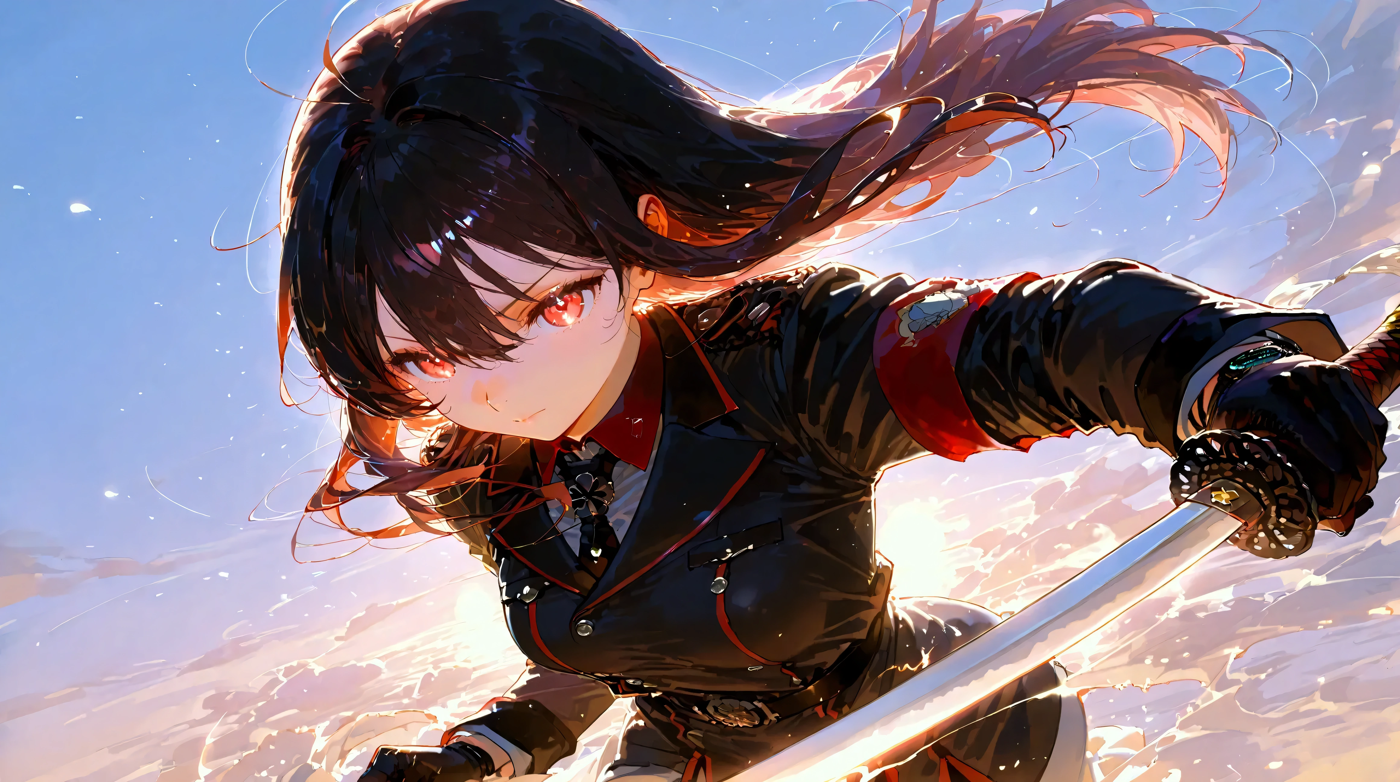 ((blackい髪 long hair black Watch Military Commander 1 person Lonely Red Flag)) (( knight Japanese Style old)) (dance Shining Japanese Sword pull the sword ) moon star pull the sword Slash Catching the Wind printing Tense Face