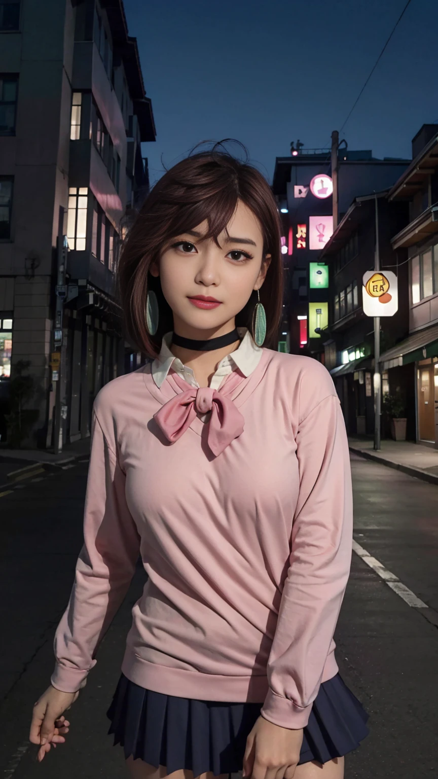 extremely high quality photo, Momo Ayase, sharp focus, realistic, source_photo, proper alignment, young Japanese model, cafe setting, city at night background, glamorous, sexy, seductive, portrait, detailed face, smiling, Shy, ayase_wz, medium hair, brown hair, brown eyes, large breasts, chocker, choker, red bowtie, (pink cardigan:1.2), long cardigan, long sleeves, blue skirt, pleated skirt, school uniform, navy short skirt, earrings, loose socks, white socks