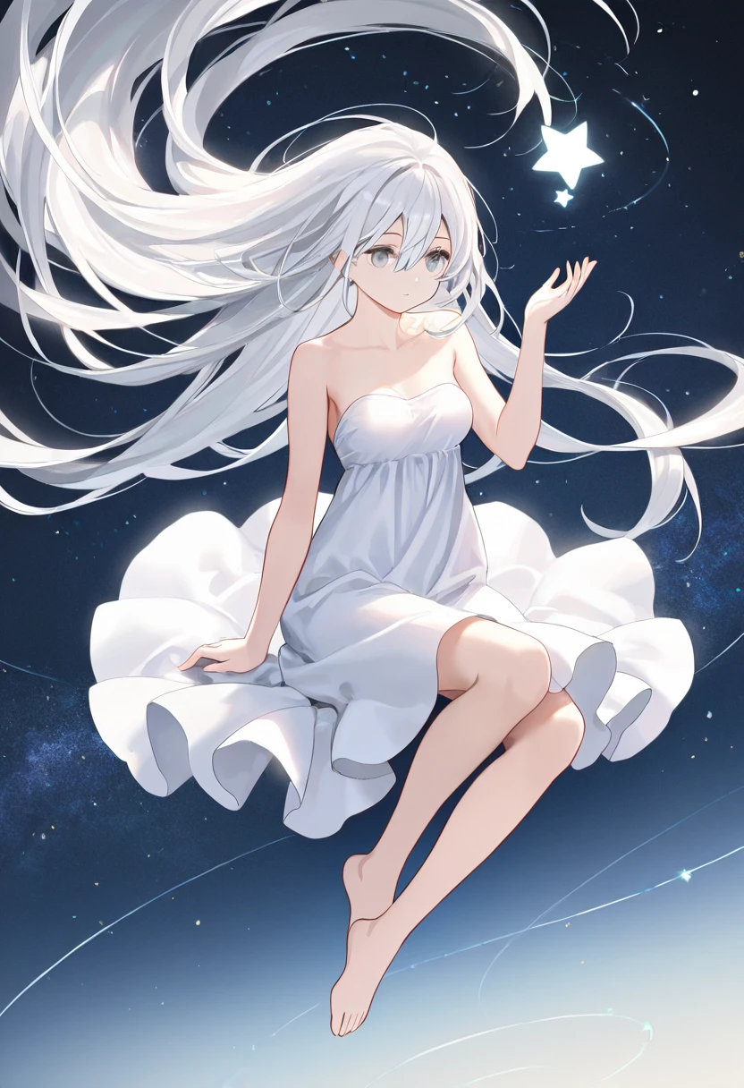 1girl, solo, long hair, breasts, dress, hair between eyes, bare shoulders, sitting, very long hair, full body, white hair, barefoot, hand up, star \(symbol\), white dress, grey eyes, bare arms, strapless, floating hair, strapless dress, floating