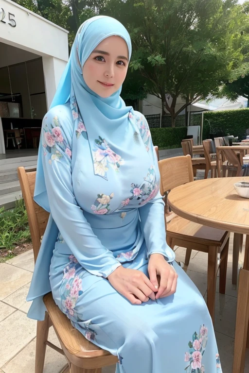 Jumbo (Dress), Chubby adorable, 1 girl, (face to face), , baby face, hf body portrait, (face details: 1), (eye details: 1), ((big breasts)). wearing transparent transparency soft long shirt, hijab, .. Cute posed. proportional body. Ultra High Res. realistic: 1.4, UHD, (floral pattern), view from side seductive pose