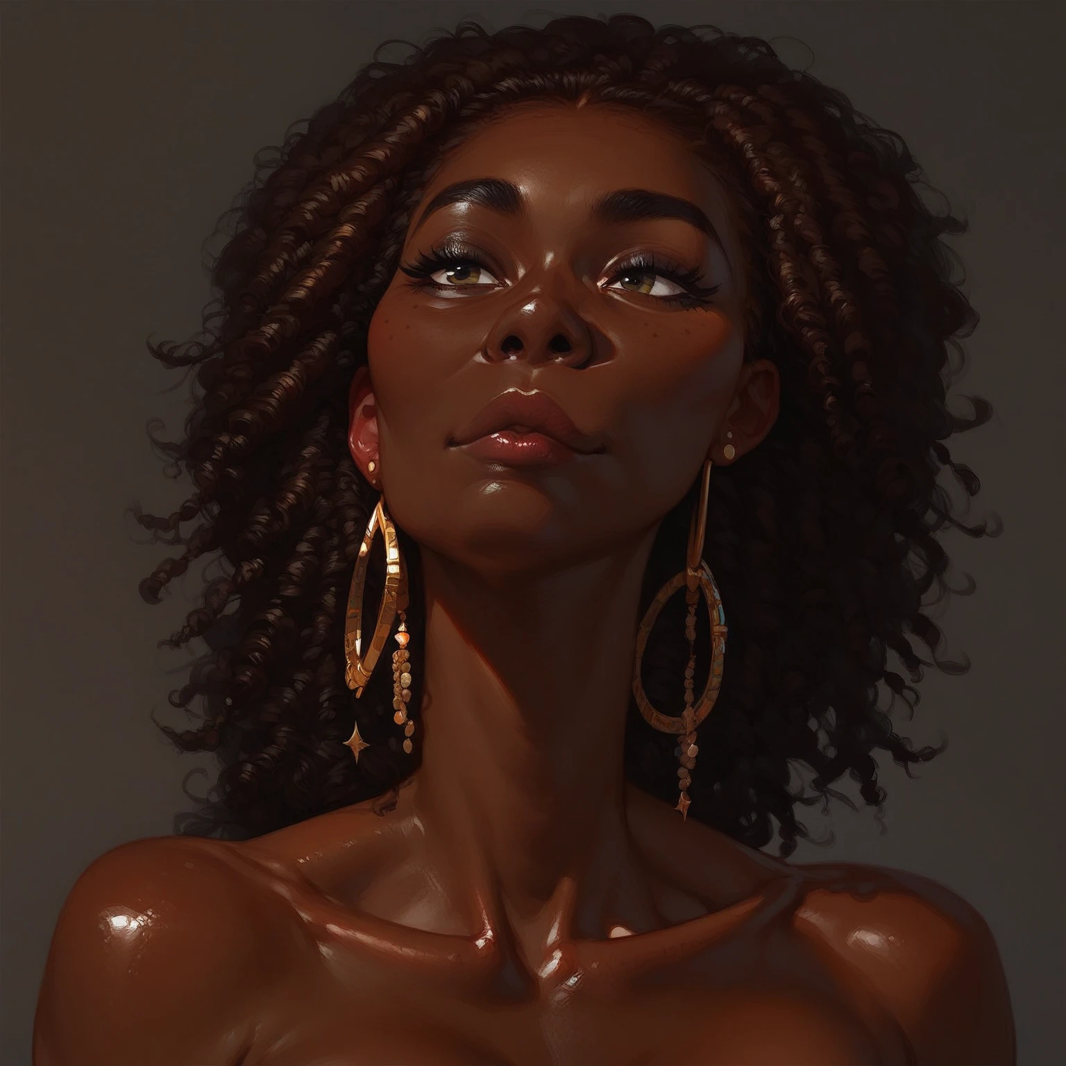 A portrait of a naked mystery of an Oranje-haired tanned young Lady in a golden fully transparent poncho. She is Beautiful but she is...!!