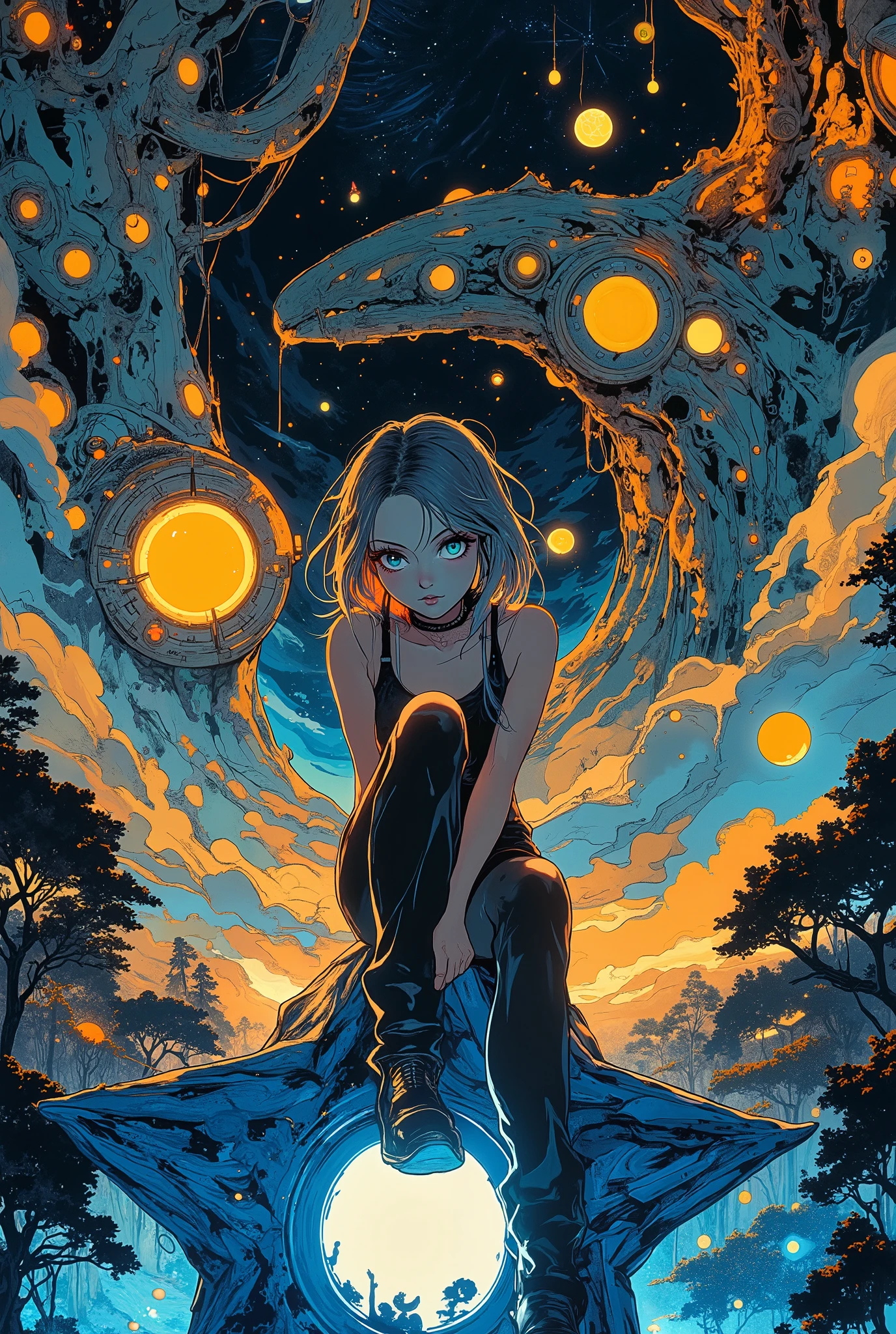 a girl sitting on a Star Objects, beautiful detailed eyes, beautiful detailed lips, extremely detailed eyes and face, long eyelashes, intricate detailed fantasy landscape, glowing stars, ethereal atmosphere, vibrant colors, dramatic lighting, digital art, concept art, highly detailed, 8k, cinematic, masterpiece
