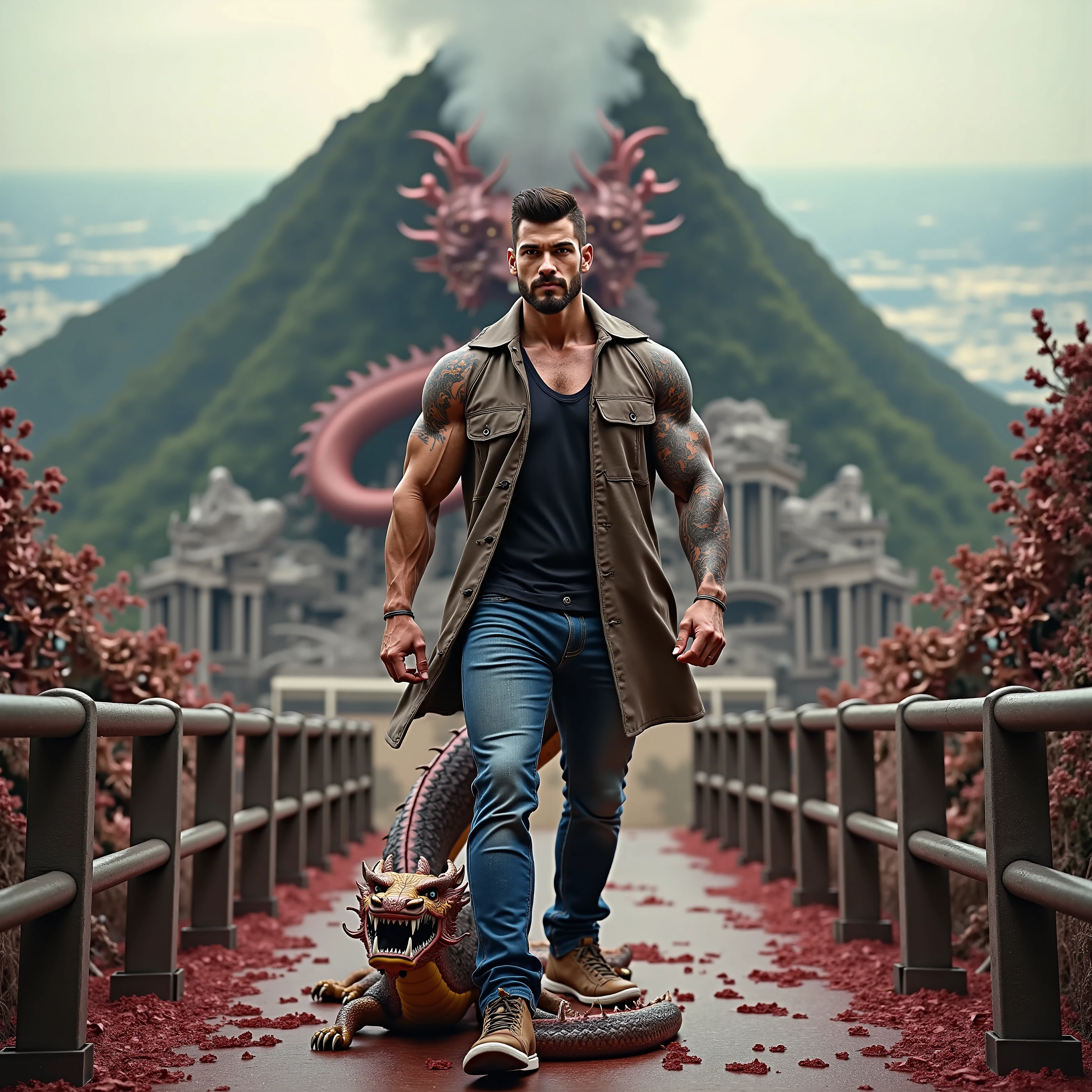 ((Masterpiece, High Quality)), Best Quality, ultra quality, highly detailed , ultrarealistic , cinematic, best quality, high resolution ,masterpiece , realistic , photorealistic realistic eyes, intricate details, detailed background, depth of field, dynamic pose, dynamic angle ,a very shredded muscle man ,standing, looking like courage and behind him is a Chinese dragon, high resolution committee, attractive strong male, lonely masterpiece, wide angle, highlighting the strong muscle lines , symbol of strength. Perspective and perspective: shooting from a low angle , highlighting the height and majesty of men. Or use a side perspective to show the posture and tattoo of a men.