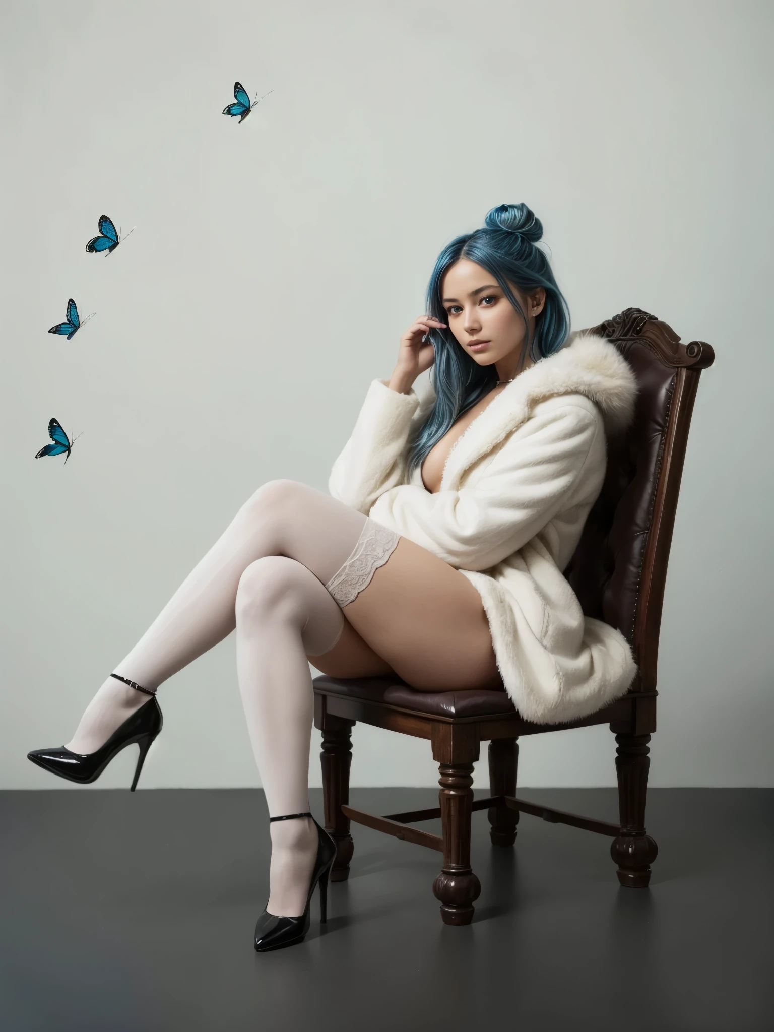 (best_quality, masterpiece:1.2), (highly detailed), (4k, 8k, uhd, high_resolution, highres), girl, sitting, on chair, fur coat, (thick thigh), heel pumps, dark wood fluffy chair, ornate carving, long hair, looking at viewer, surrounded by butterflies, professional studio lighting, masterpiece, best quality, aesthetic, absurdres, highres, shiny skin, blue hair, light blue hair, single-hairbun, holding own hair, white thighhighs,