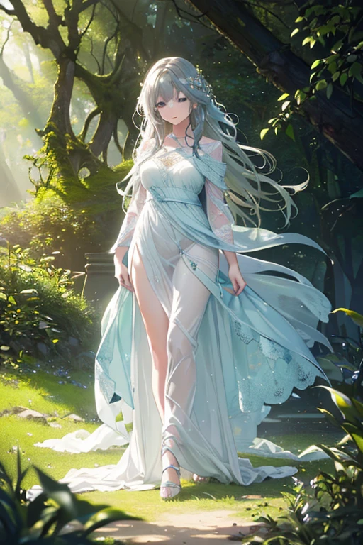 High quality, 8K Ultra HD, Highly realistic, 20-year-old beautiful and cute Tianlin ethereal banshee, In a moonlit soaked forest, 20 years old beautiful and cute ethereal banshee roaming, Her presence evokes a sense of otherworldly elegance, Her flowing gown blends seamlessly with the surrounding flora, Decorated with celestial symbols shining faintly with a faint glow, Fascinating woodland creatures, Like glowing fireflies and whispering souls, Stay with her, Create an aura of magical harmony, The color palette features a mysterious purple color, Luminous green, and soft moonlight white, Capture the essence of the ethereal night in the heavenly forest, author：Snow barn, rendering by octane, isometry,
