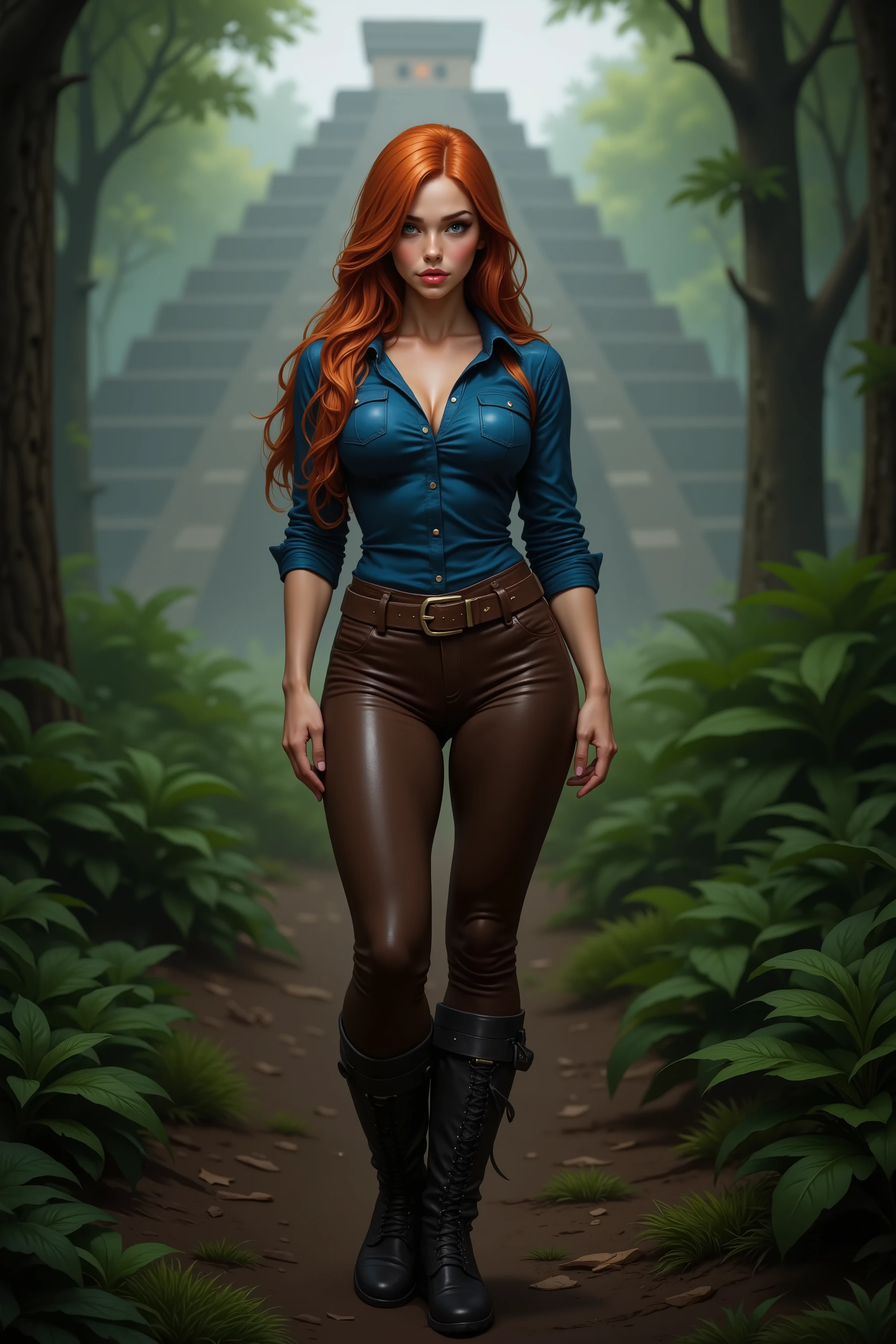 full bodyn sexy beauty archaeologist, thin, tall, red long tied hair, green eyes, red lips, white skin, athletic, slim, tight brown leather pants, blue flannel shirt, black high boots, wide leather belt, standing in a primeval forest, Aztecs blurred into the distance pyramid, mist, fog, blurred shadows, photorealistic,