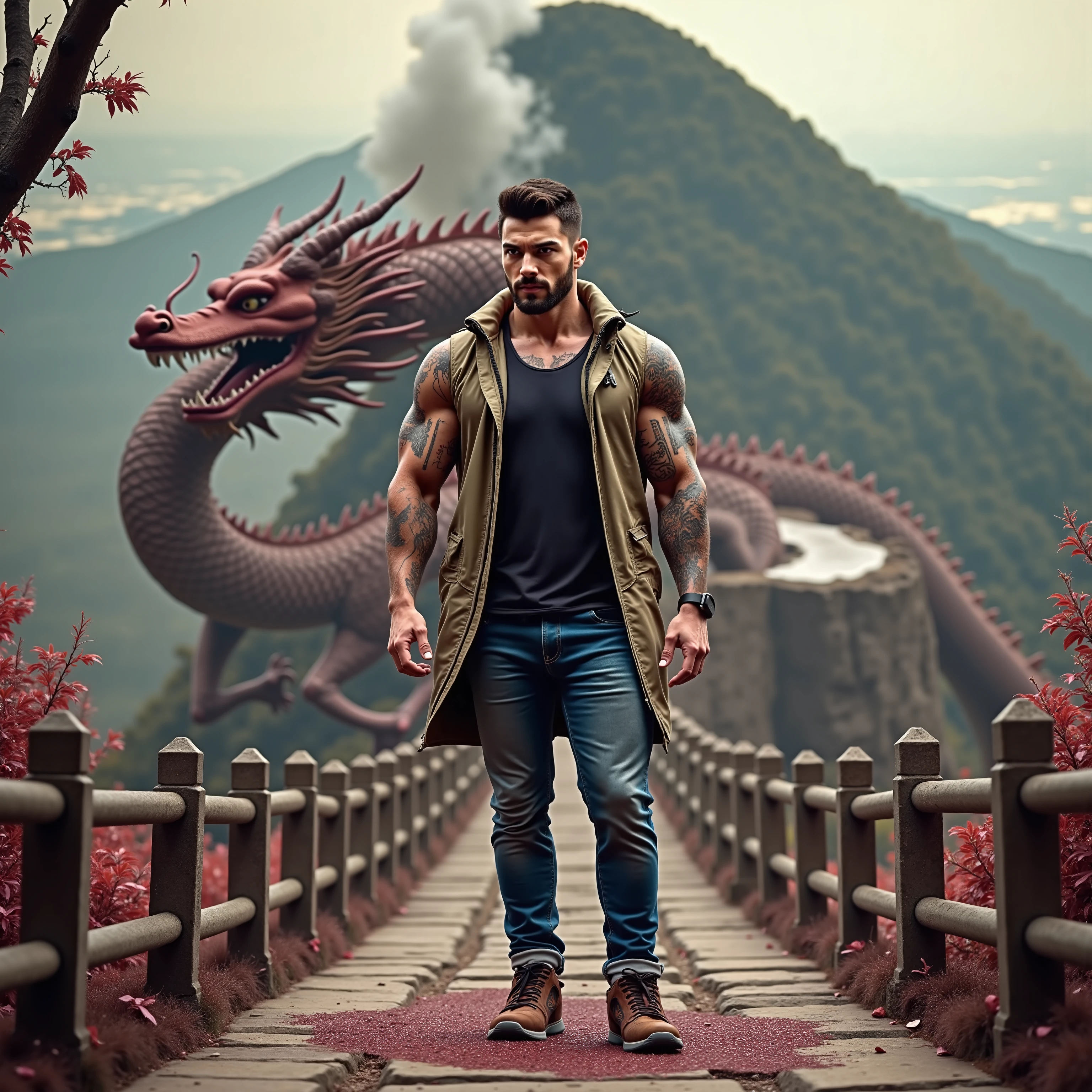 ((Masterpiece, High Quality)), Best Quality, ultra quality, highly detailed , ultrarealistic , cinematic, best quality, high resolution ,masterpiece , realistic , photorealistic realistic eyes, intricate details, detailed background, depth of field, dynamic pose, dynamic angle ,a very shredded  muscle man ,standing, looking like courage and behind him is a Chinese dragon,  high resolution committee, attractive strong male, lonely masterpiece, wide angle, highlighting the strong muscle lines ,  symbol of strength. Perspective and perspective: shooting from a low angle , highlighting the height and majesty of  men. Or use a side perspective to show the posture and tattoo of a  men.