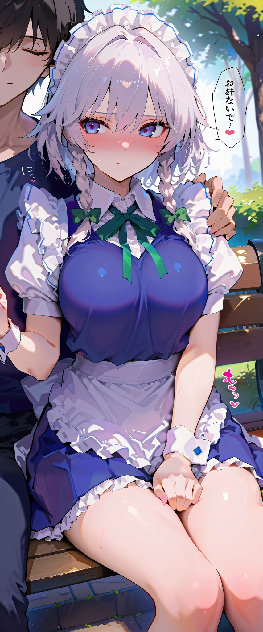 masterpiece, ultra detail,  a girl , lover, cute, adult female, score_9, score_8_up , score_7_up , , rating_ general , 1girl , izayoi sakuya, white hair, short hair, maid clothes、Navy blue clothes,White ruffle sleeves,Short sleeve,unexposed breasts, navy blue ruffle skirt, miniskirt,white ruffle apron, twin braids,dynamic angle , source_anime, cowboy shot, full portrait, (slim, slender body, tight waist, toned body, (slim, slender body, tight waist, toned body), (garden,  daytime, tree, tree陰の下, bench), full-face blush, speech bible, (lovely face, embarrassed, full blush, loving you), (sitting on bench, grab man's arm  :1.3, Put your head on your shoulder, Get close to the man:1.2, looking at man), (side view:1.2), lovely hearts:1.4, (1Man,fullbody, sitting next to her, grab hand), Sound effects, front view