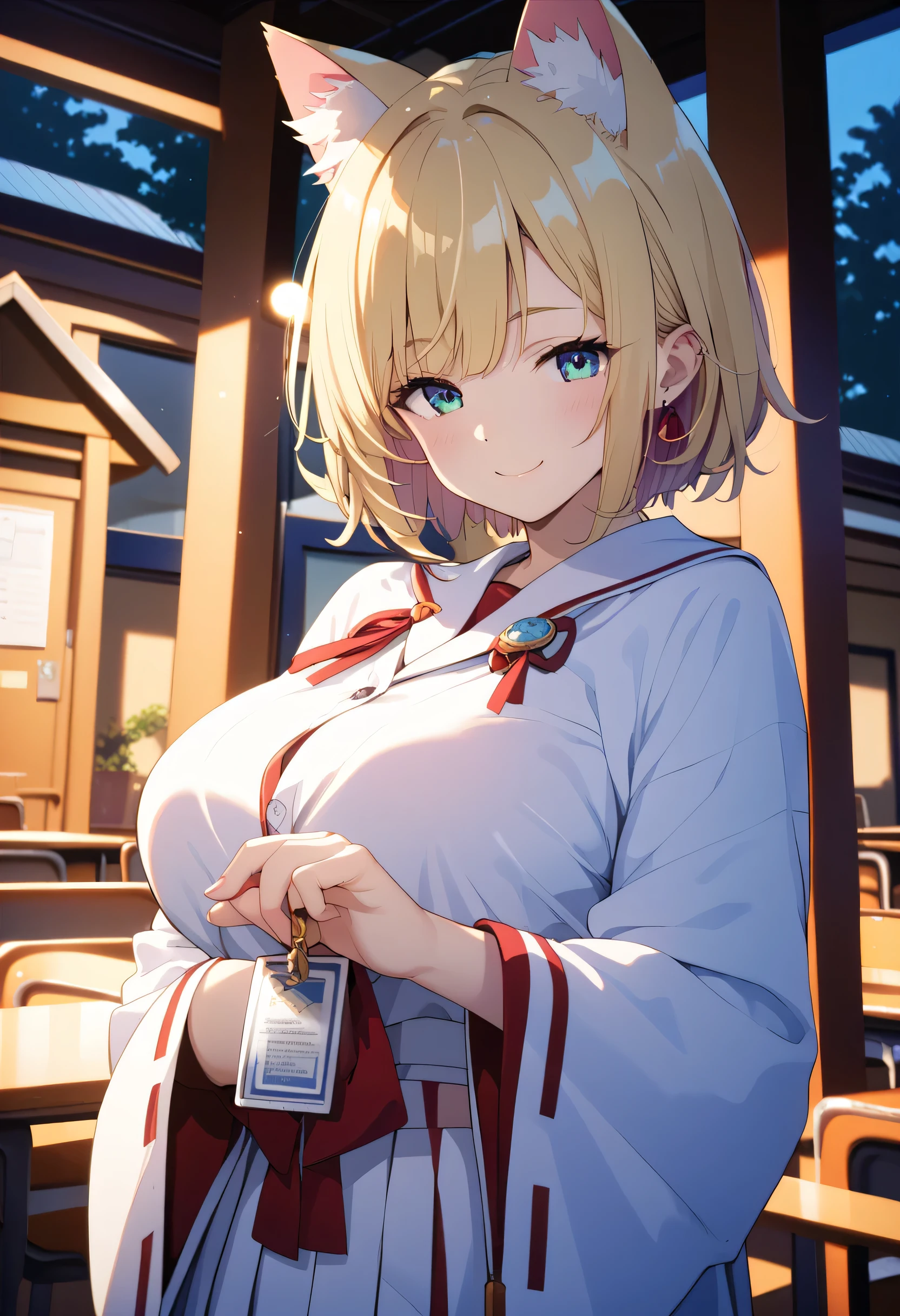 panty shot, printed panties, from behind, (masterpiece, highest quality), high school girl, , panty shot, lying on the desk, small ass, classroom, smile, fun, volume lighting, sunlight, bright、(Cat ear)、Bob cut blonde hair、big breasts、Holding amulets