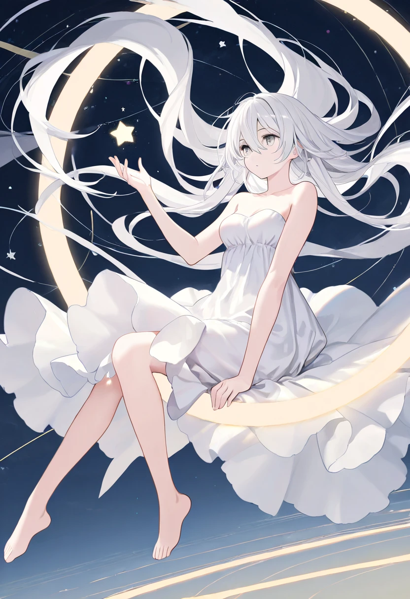 1girl, solo, long hair, breasts, dress, hair between eyes, bare shoulders, sitting, very long hair, full body, white hair, barefoot, hand up, star \(symbol\), white dress, grey eyes, bare arms, strapless, floating hair, strapless dress, floating