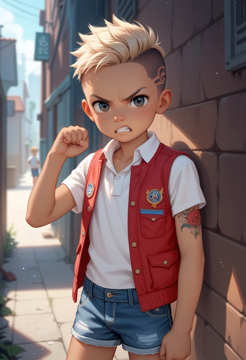  4-yr boy young, cute, young, little, short, thin, Age Regression, youthful, Shotacon, Shota, black eyes, tan skin, black undercut hair, tattoo, vest, Jeans shorts. Frowning, angry, clenching fists, looking at the viewer, Alley background