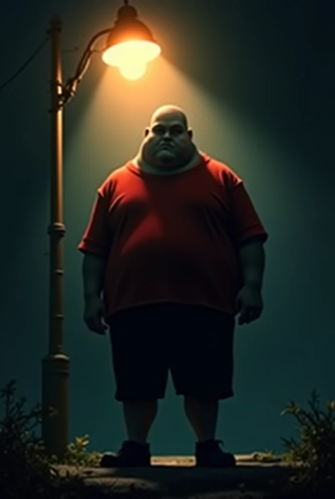Evil Fat Man, bonitas, muscled body, in underwear and socks, illuminated environment 