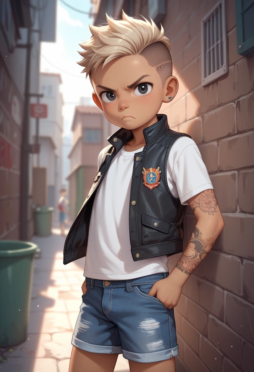  4-yr boy young, cute, young, little, short, thin, Age Regression, youthful, Shotacon, Shota, black eyes, tan skin, black undercut hair, tattoo, vest, Jeans shorts. Frowning, angry, clenching fists, looking at the viewer, Alley background