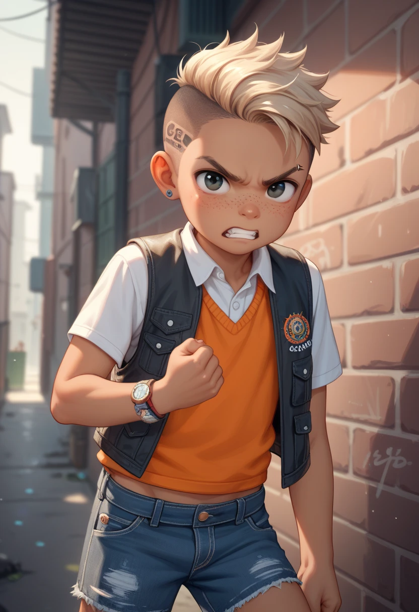 Little 4-yr boy, young, cute, young, little, short, thin, Age Regression, youthful, Shotacon, Shota, black eyes, tan skin, black undercut hair, tattoo, vest, Jeans shorts. Frowning, angry, clenching fists, looking at the viewer, Alley background