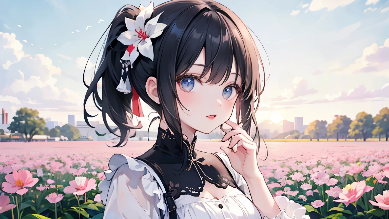 Beautiful woman wearing a white long sleeve puff sleeve dress with lots of ruffles Black hair ponytail with hair ornament upper body lipstick Flower Field