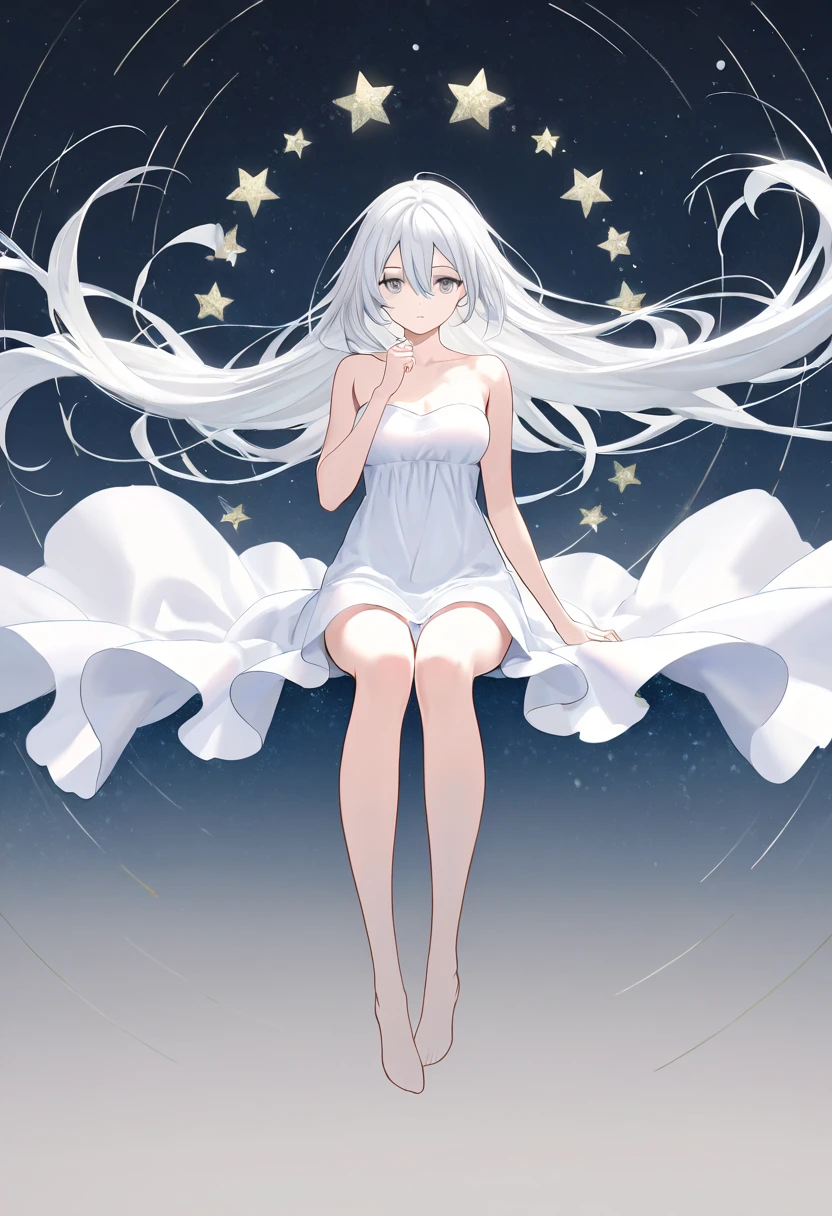 1girl, solo, long hair, breasts, dress, hair between eyes, bare shoulders, sitting, very long hair, full body, white hair, barefoot, hand up, star \(symbol\), white dress, grey eyes, bare arms, strapless, floating hair, strapless dress, floating