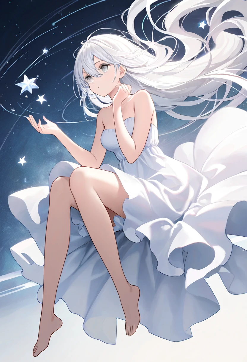 1girl, solo, long hair, breasts, dress, hair between eyes, bare shoulders, sitting, very long hair, full body, white hair, barefoot, hand up, star \(symbol\), white dress, grey eyes, bare arms, strapless, floating hair, strapless dress, floating