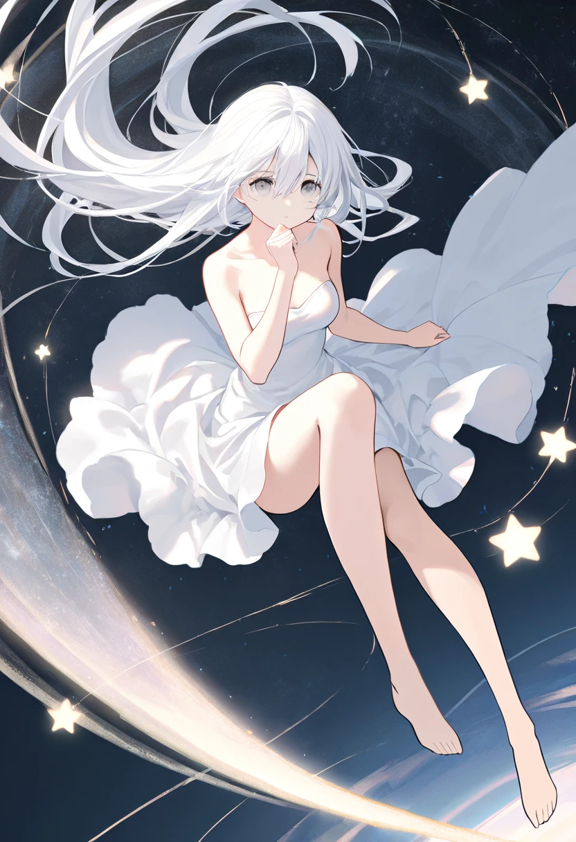 1girl, solo, long hair, breasts, dress, hair between eyes, bare shoulders, sitting, very long hair, full body, white hair, barefoot, hand up, star \(symbol\), white dress, grey eyes, bare arms, strapless, floating hair, strapless dress, floating