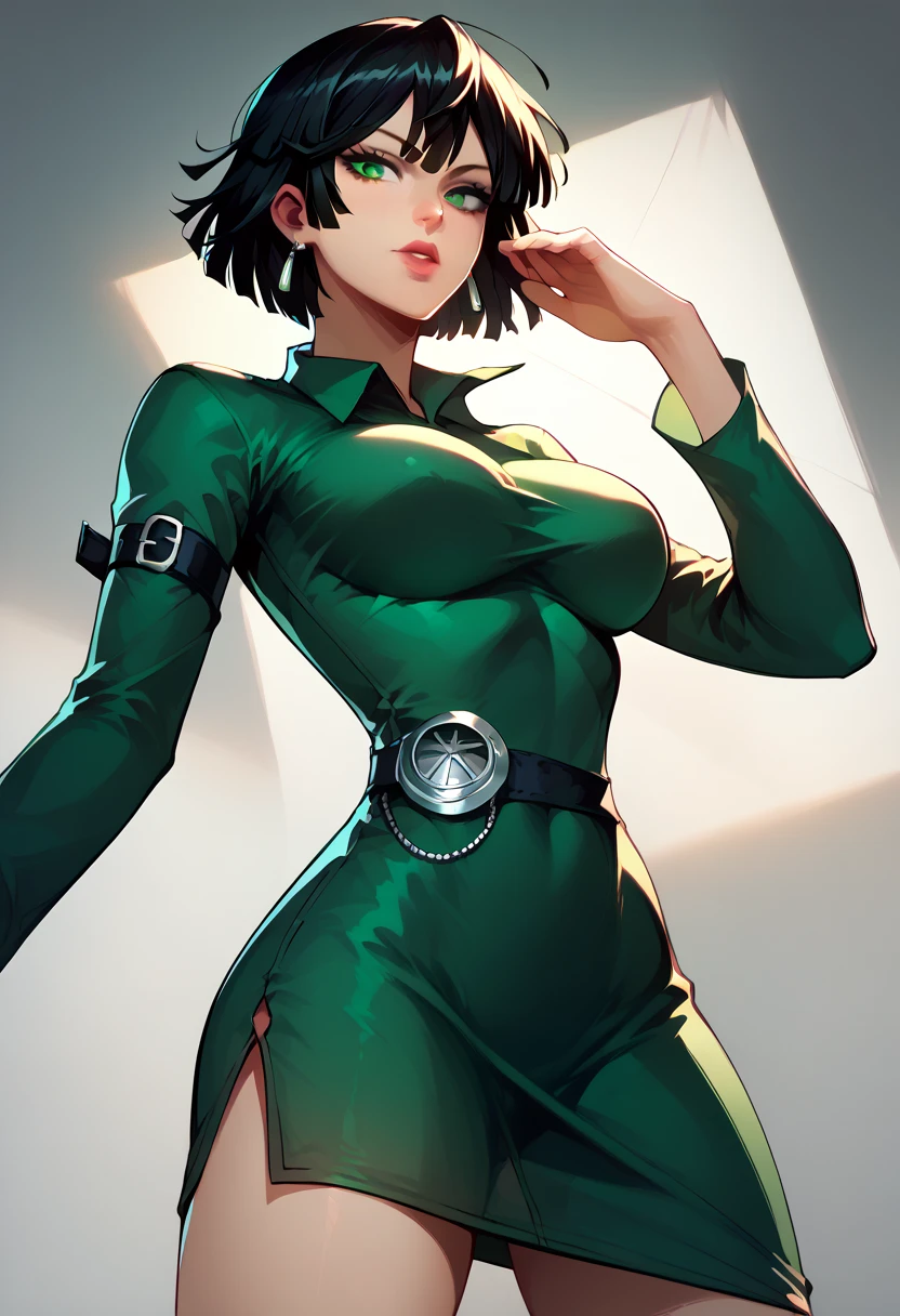 fubuki (one-punch man) black hair, short hair, tight green dress, long sleeves, collared dress, green eyes, perfect large breasts, view from below, sexy pose, dynamic angle Break, perfect lighting, shadows
