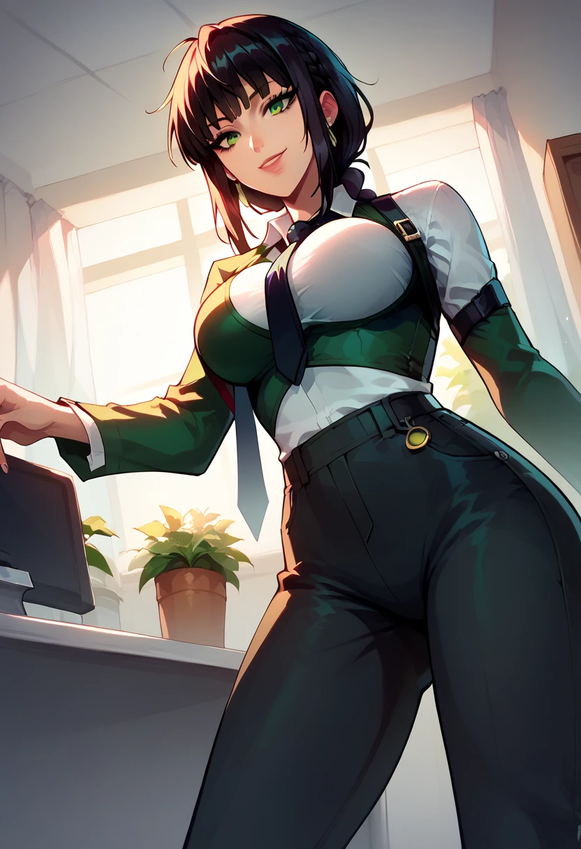 fubuki (one-punch man) black hair, short hair, tight green dress, long sleeves, collared dress, green eyes, perfect large breasts, view from below, sexy pose, dynamic angle Break, perfect lighting, shadows, makima, makima, long hair, smile, bangs, braid, red hair, braided ponytail, yellow ringed eyes, long sleeves, white shirt, necktie, black pants, formal, office lady, solo
