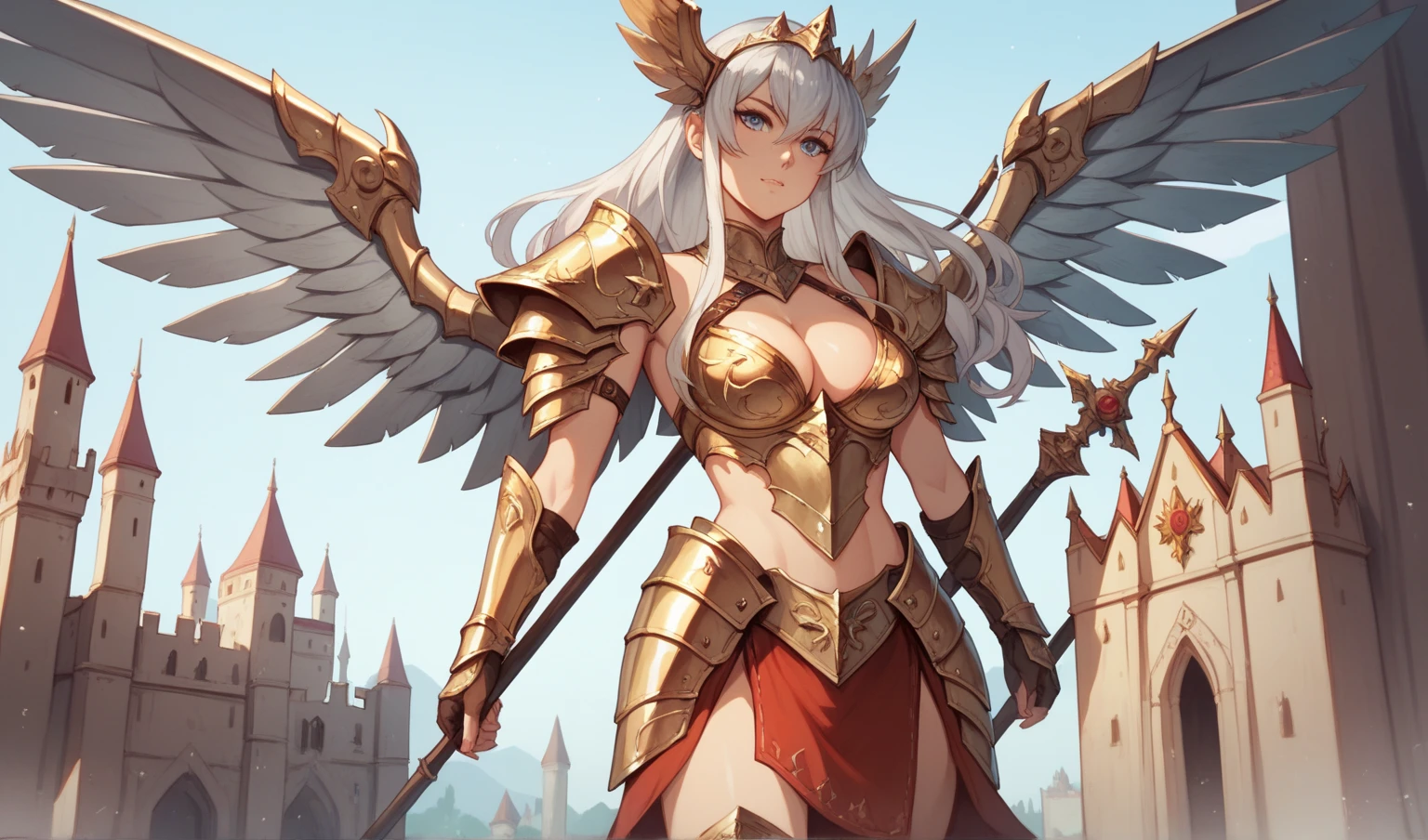 A painting of a muscular super hero goddess of lightning in the style of greek orthodox paintings, holding a spear and shield dressed in ancient greek style armor, full body view, 16K, ultra high res.photorealistic, UHD, RAW, DSLR, natural Lighting, Sharp Focus