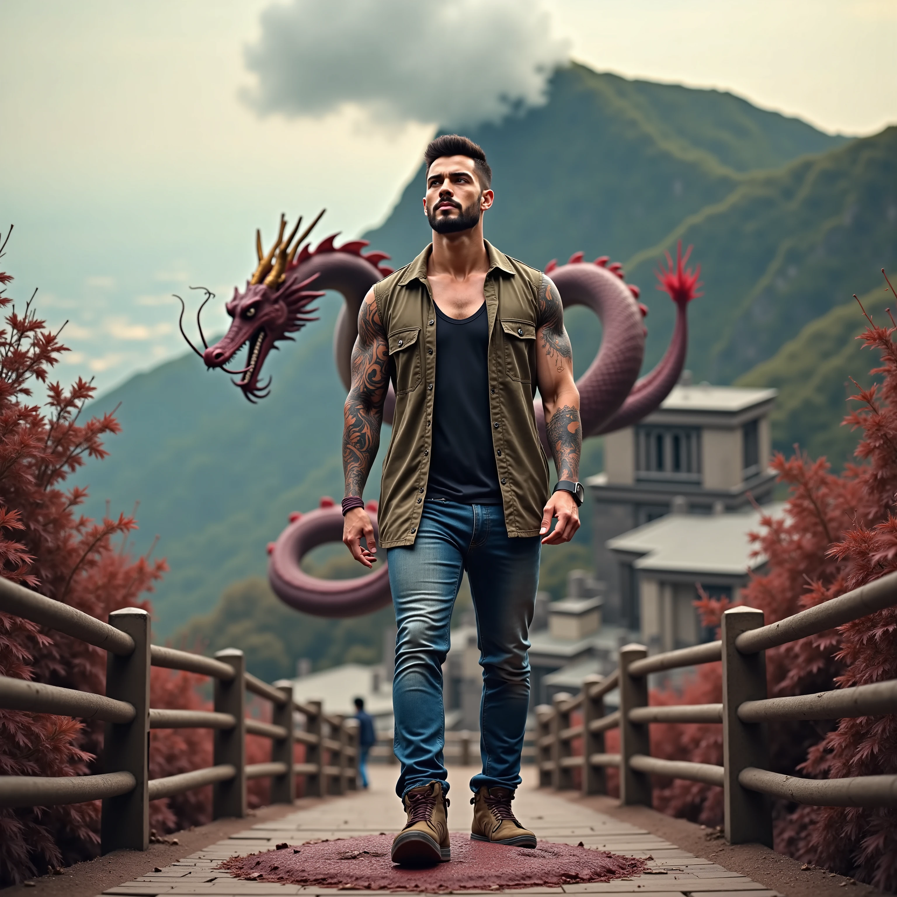 ((Masterpiece, High Quality)), Best Quality, ultra quality, highly detailed , ultrarealistic , cinematic, best quality, high resolution ,masterpiece , realistic , photorealistic realistic eyes, intricate details, detailed background, depth of field, dynamic pose, dynamic angle ,a very shredded muscle man ,standing, looking like courage and behind him is a Chinese dragon, high resolution committee, attractive strong male, lonely masterpiece, wide angle, highlighting the strong muscle lines , symbol of strength. Perspective and perspective: shooting from a low angle , highlighting the height and majesty of men. Or use a side perspective to show the posture and tattoo of a men.