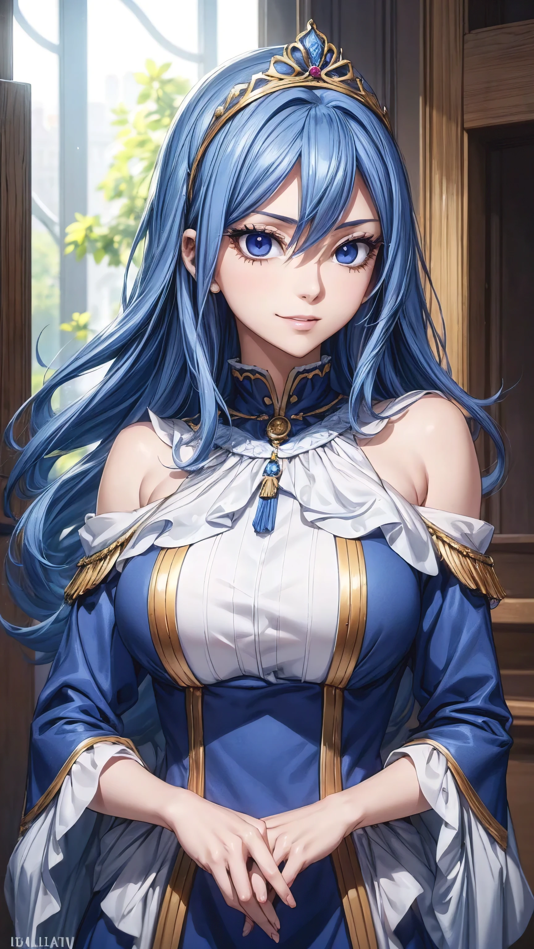Juvia Lockser, (((blue hair, long hair, golden red eyes))), (((beautiful golden blue eyes and details, HD eyes,  beautiful eyelids))), ((((beautiful and graceful queen clothes, beautiful and graceful queen dresses)))), has model style, oppai, full cosplay, Ultra HD Quality, ((sharp face)), official art, beautiful, ((mature, 30 years old)), evil smile, ((big round breast)), ((Ultra HD Quality Wallpaper, HD picture, 16k Quality Wallpaper)), 1 female, solo, female, ((1 woman, 1 female, ((solo)), one female, 1 woman)), detailed face, detailed art, (((model pose))), blue background, half body, (((Evil Smile))), (((masterpiece, best quality:1.2))), 1girl, solo, ultra high resolution, 8K, 16K, ultra high quality, RAW photo, ((extremly detailed)), high quality, charm, asian girl face, beautiful, the best lightin, the best proportion pose, soft light, natural light, detailed light, realistic light, Professional, Amazing, the best visual, enhance, ultra-high detail, 8K, 16K, ultra-high realistic, high resolution, the best resolution, high rendering realistic, detail hands, detail anatomy, detail face, detail body, (high detail), detail arms, (high detail fingers), the best proportions, detail nails, (detail intricated), ((potrait)), the best pictures, the best images, hdr, dslr, fix , fit, full color,