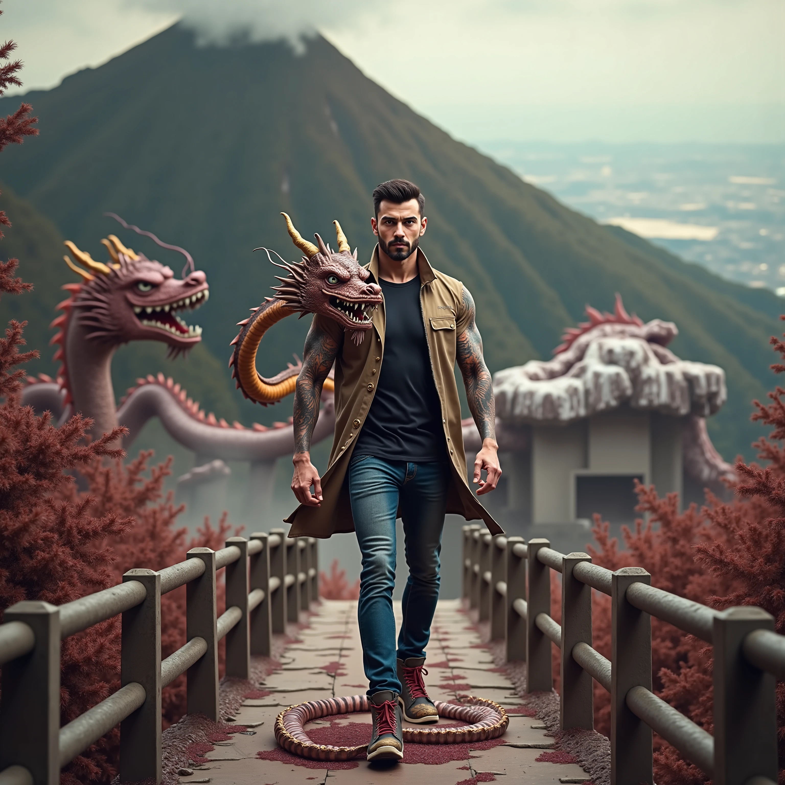 ((Masterpiece, High Quality)), Best Quality, ultra quality, highly detailed , ultrarealistic , cinematic, best quality, high resolution ,masterpiece , realistic , photorealistic realistic eyes, intricate details, detailed background, depth of field, dynamic pose, dynamic angle ,a very shredded muscle man ,standing, looking like courage and behind him is a Chinese dragon, high resolution committee, attractive strong male, lonely masterpiece, wide angle, highlighting the strong muscle lines , symbol of strength. Perspective and perspective: shooting from a low angle , highlighting the height and majesty of men. Or use a side perspective to show the posture and tattoo of a men.