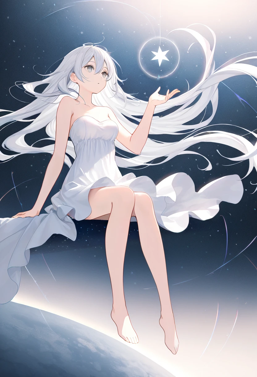 1girl, solo, long hair, breasts, dress, hair between eyes, bare shoulders, sitting, very long hair, full body, white hair, barefoot, hand up, star \(symbol\), white dress, grey eyes, bare arms, strapless, floating hair, strapless dress, floating