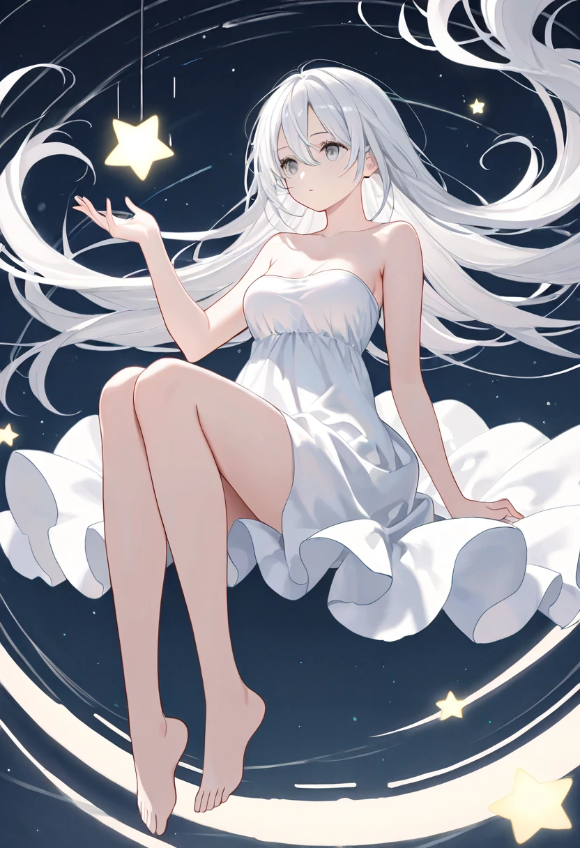 1girl, solo, long hair, breasts, dress, hair between eyes, bare shoulders, sitting, very long hair, full body, white hair, barefoot, hand up, star \(symbol\), white dress, grey eyes, bare arms, strapless, floating hair, strapless dress, floating