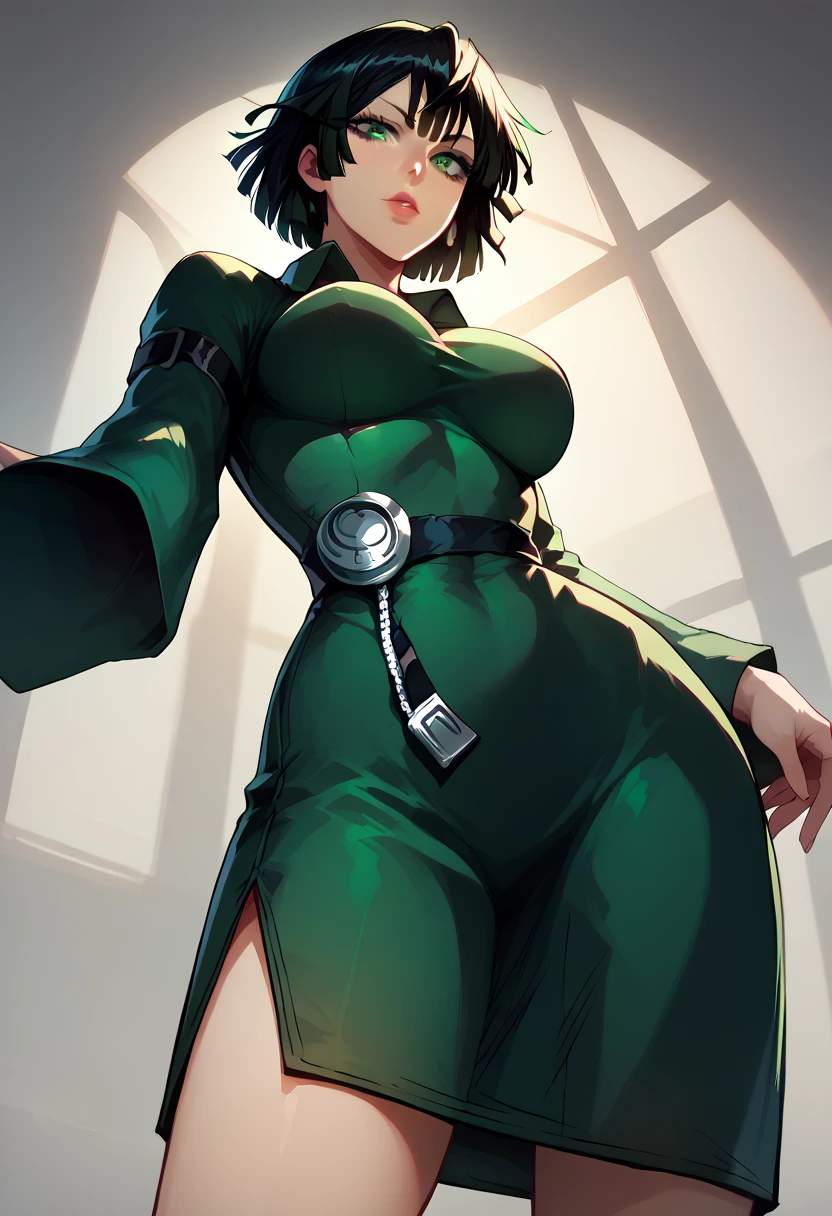 fubuki (one-punch man) black hair, short hair, tight green dress, long sleeves, collared dress, green eyes, perfect large breasts, view from below, sexy pose, dynamic angle Break, perfect lighting, shadows
