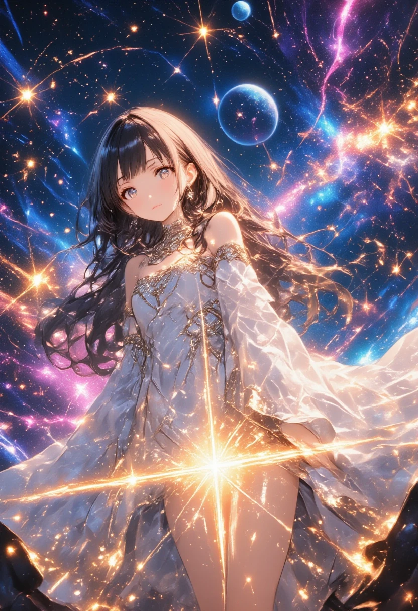 A young girl sitting gracefully on a glowing, golden star in the middle of an infinite cosmic expanse. She wears a flowing white dress with silvery accents, her hair gently waving in the cosmic breeze. The star beneath her glimmers with pulsating golden light, casting a soft glow on her serene face. The background features a mesmerizing gradient of deep indigo, purple, and pink, dotted with countless shining stars, glowing planets, and swirling galaxies. Shooting stars streak across the sky, and faint auroras weave through the void. Every detail is hyper-realistic: the texture of her dress, the shine of her hair, and the intricate patterns of the starry background. Ultra-high resolution (8K), sharp focus on every element, with a dreamy and fantastical atmosphere,