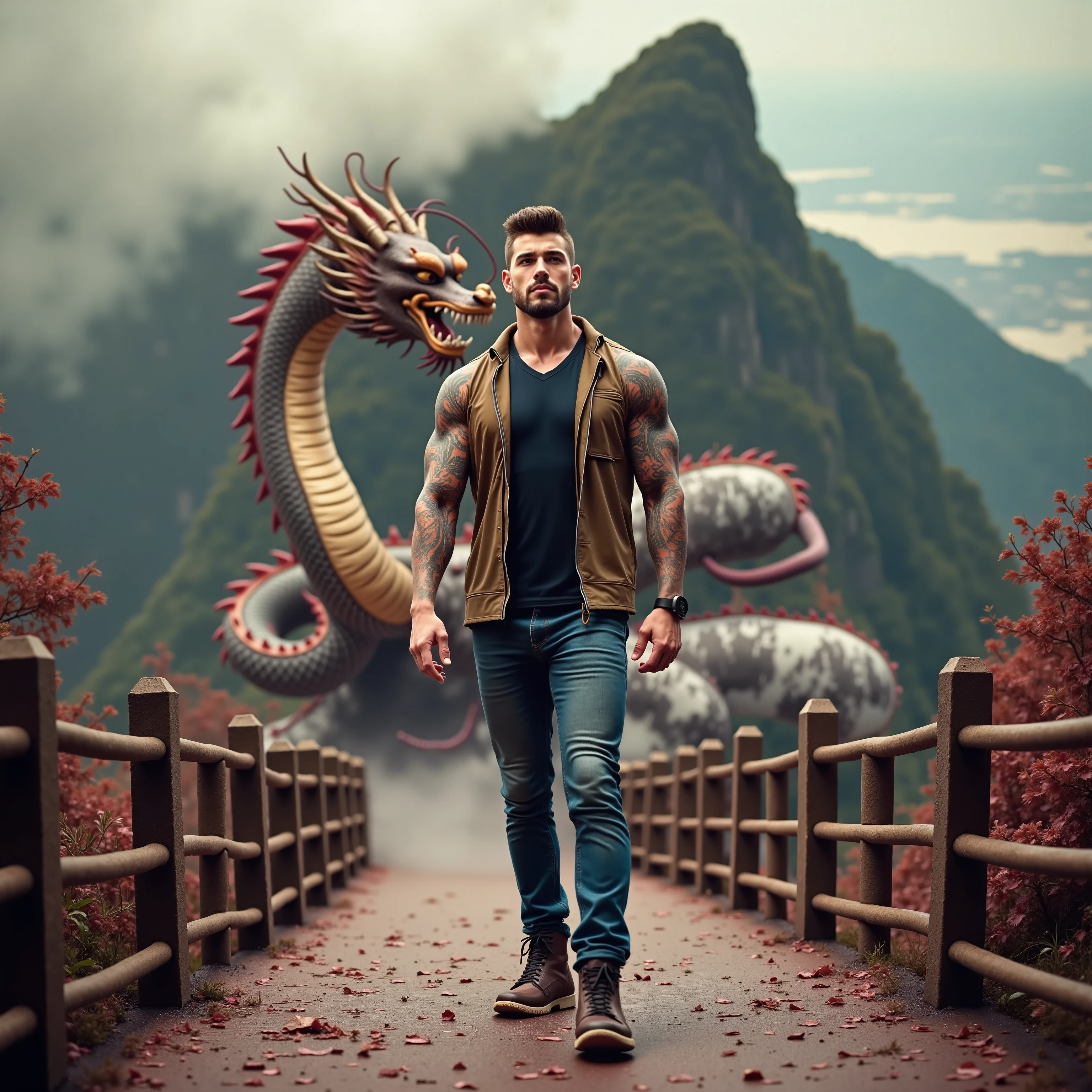 ((Masterpiece, High Quality)), Best Quality, ultra quality, highly detailed , ultrarealistic , cinematic, best quality, high resolution ,masterpiece , realistic , photorealistic realistic eyes, intricate details, detailed background, depth of field, dynamic pose, dynamic angle ,a very shredded muscle man ,standing, looking like courage and behind him is a Chinese dragon, high resolution committee, attractive strong male, lonely masterpiece, wide angle, highlighting the strong muscle lines , symbol of strength. Perspective and perspective: shooting from a low angle , highlighting the height and majesty of men. Or use a side perspective to show the posture and tattoo of a men.