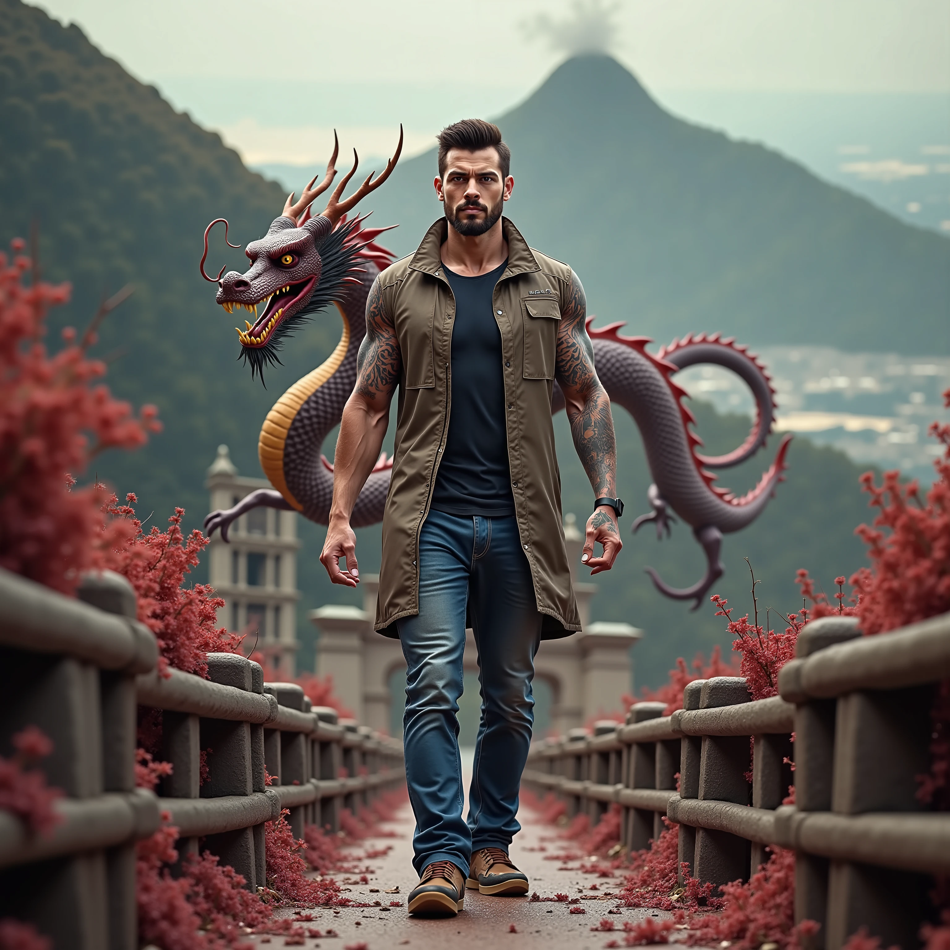 ((Masterpiece, High Quality)), Best Quality, ultra quality, highly detailed , ultrarealistic , cinematic, best quality, high resolution ,masterpiece , realistic , photorealistic realistic eyes, intricate details, detailed background, depth of field, dynamic pose, dynamic angle ,a very shredded muscle man ,standing, looking like courage and behind him is a Chinese dragon, high resolution committee, attractive strong male, lonely masterpiece, wide angle, highlighting the strong muscle lines , symbol of strength. Perspective and perspective: shooting from a low angle , highlighting the height and majesty of men. Or use a side perspective to show the posture and tattoo of a men.