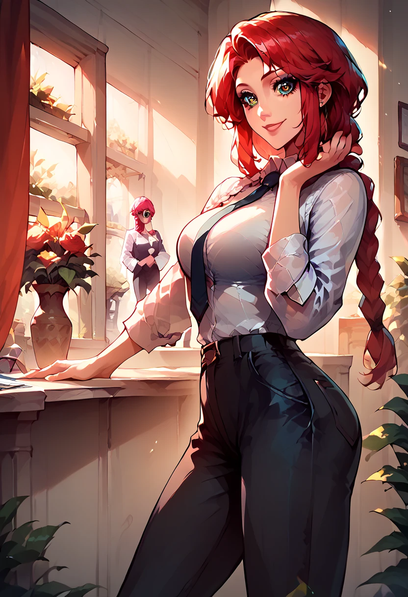 makima, long hair, smile, bangs, braid, red hair, braided ponytail, yellow ringed eyes, long sleeves, white shirt, necktie, black pants, formal, office lady, (beautiful detailed eyes:1.6)
