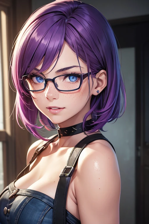 Beautiful young teenager, 1girl, purple hair, blue eyes, extremely short hair, freckles on face, happy, smiling, blushing, thin frame eyeglasses, thick lips, full lips, huge breasts, extreme cleavage, deep cleavage, very thin body, pelvis curtain dress, strapless, high heels, heart shaped choker, perfect anatomy, high society dinner background, detailed background, ultra-detailed, 4k, 8k, best quality, masterpiece